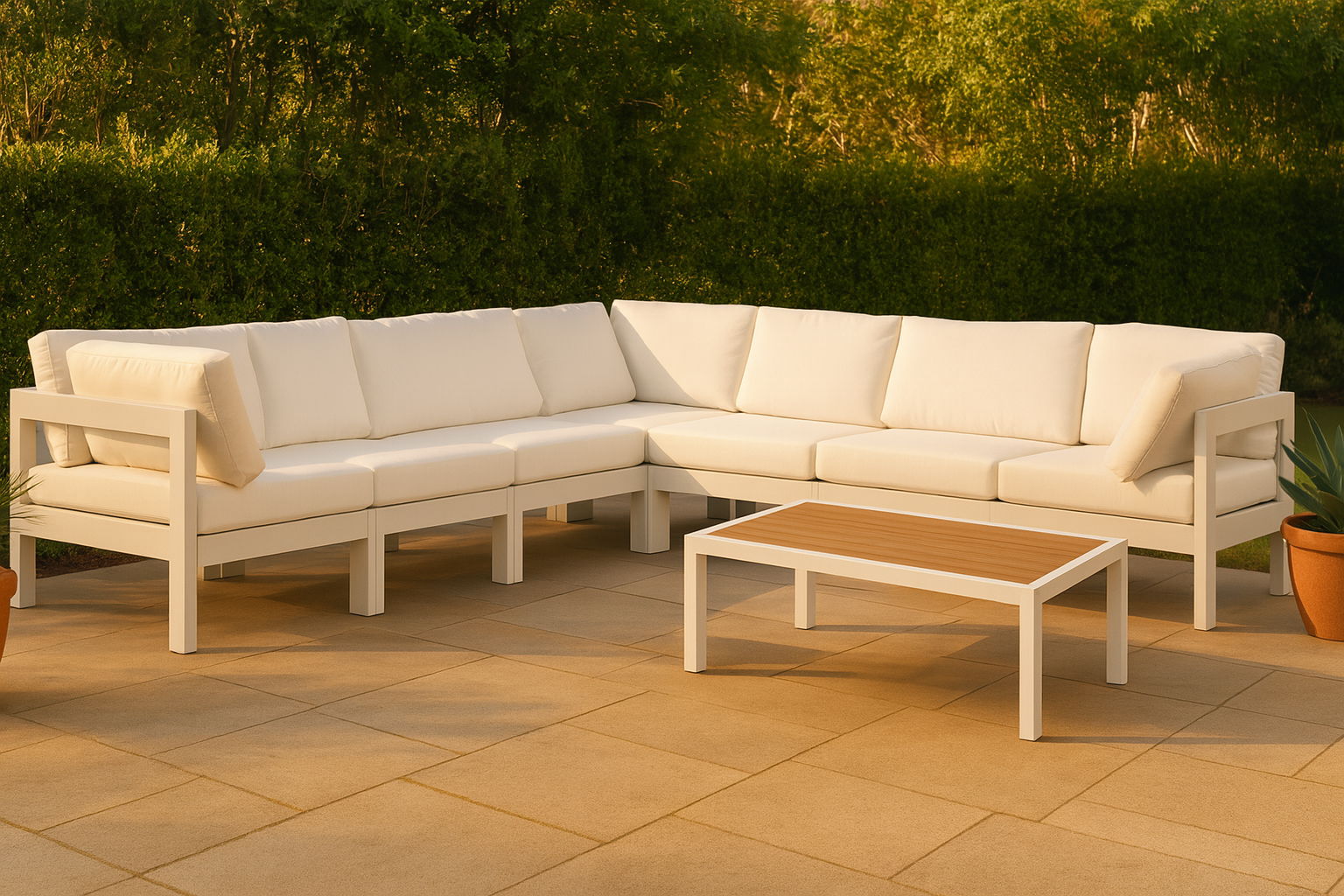 Nizuc - Outdoor Patio 7 Piece Modular Corner Sectional With White Frame - White