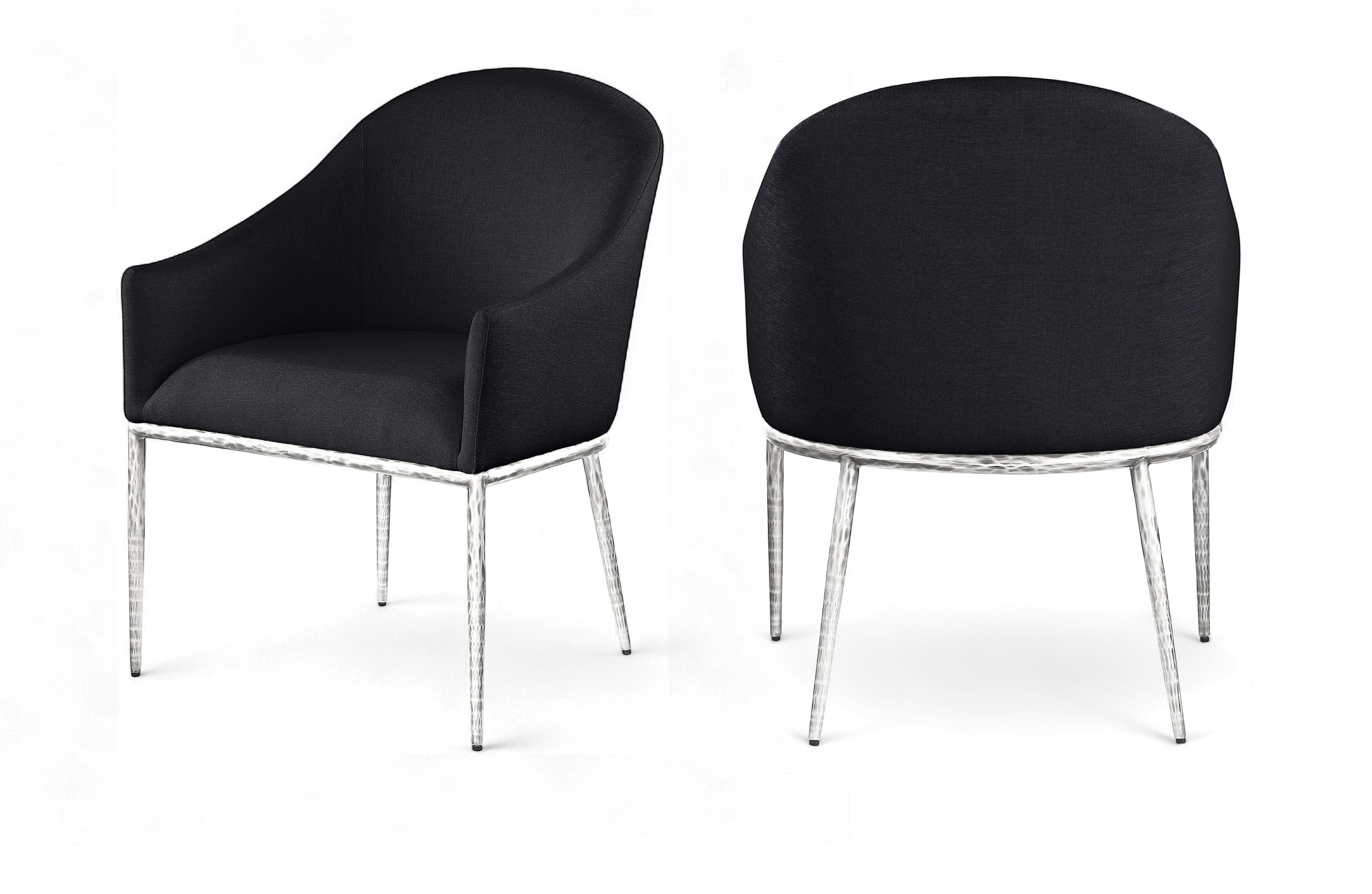 Ferro - Linen Textured Performance Fabric Upholstered Dining Arm Chair - Black / Brushed Silver