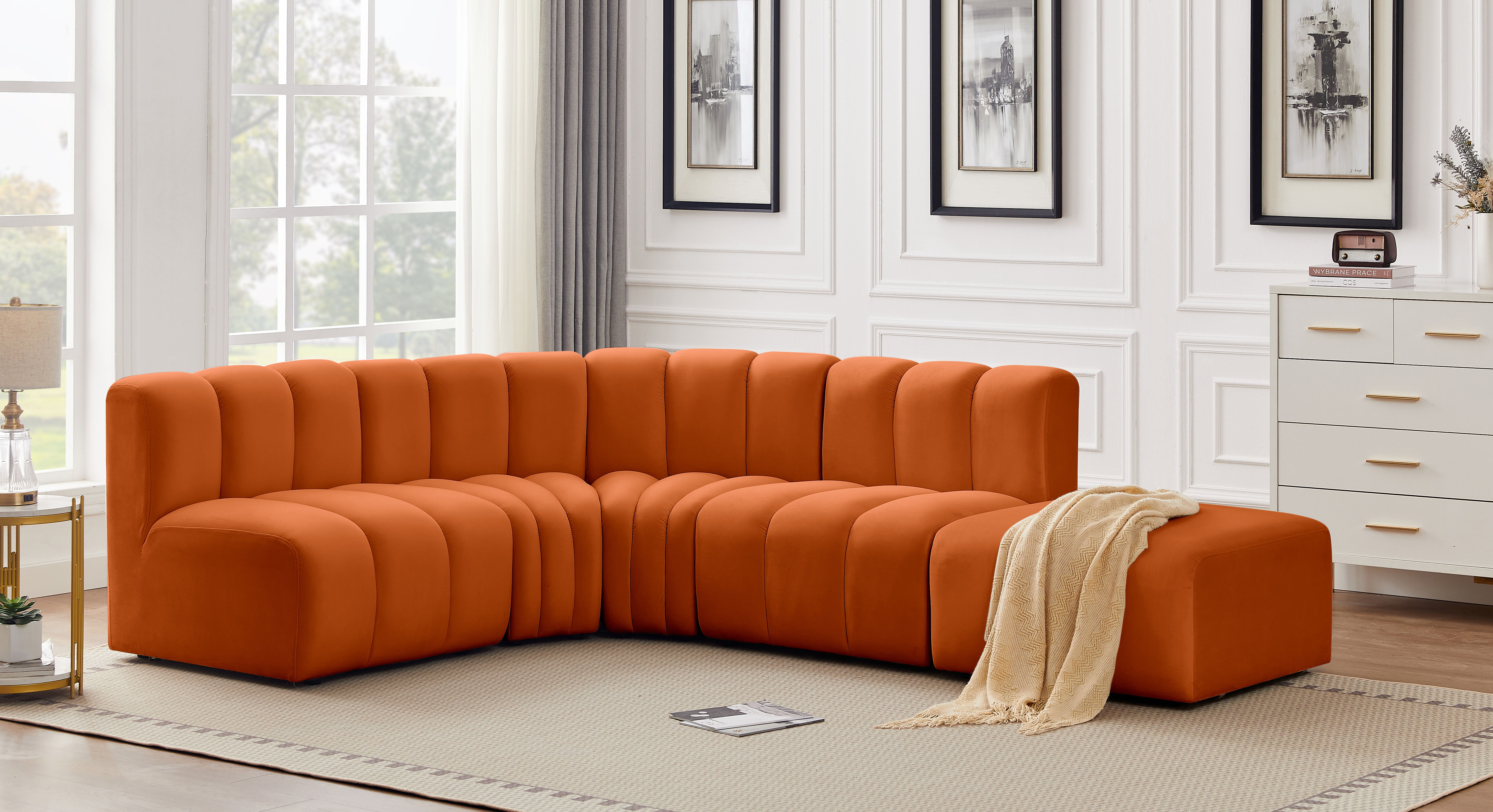 Arc - Velvet 5 Piece Corner Modular Sofa - Cognac