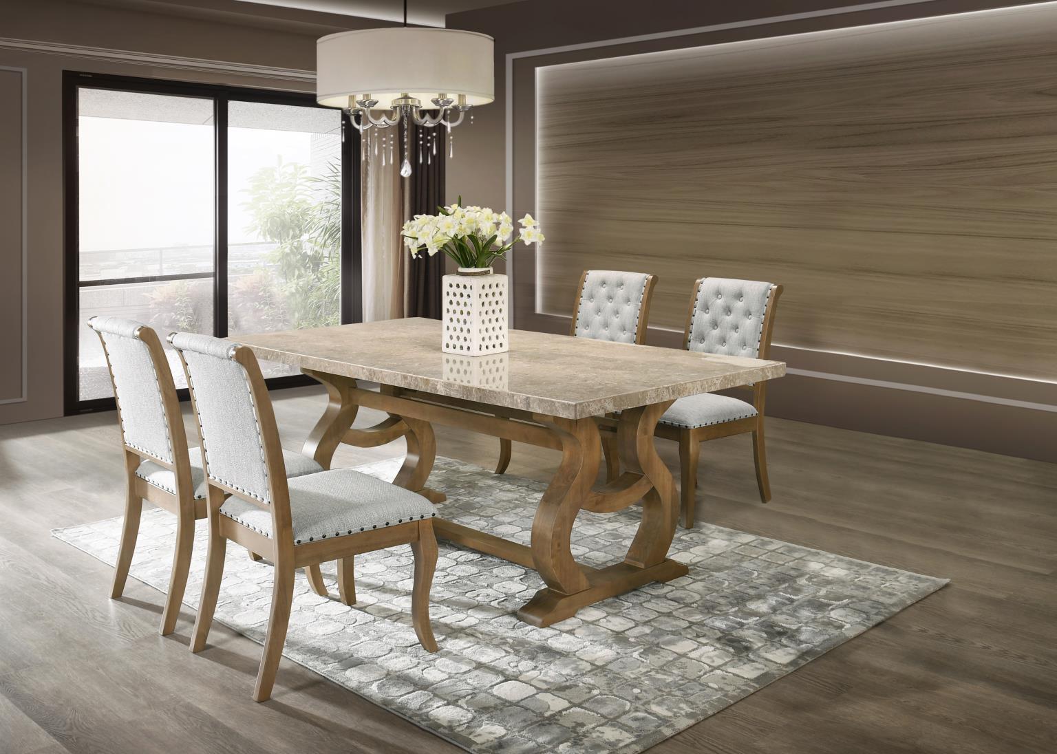 D072 - 5 Piece Dining Room Set (Dining Table, 4 Side Chairs) - Light Brown / Pearl Silver