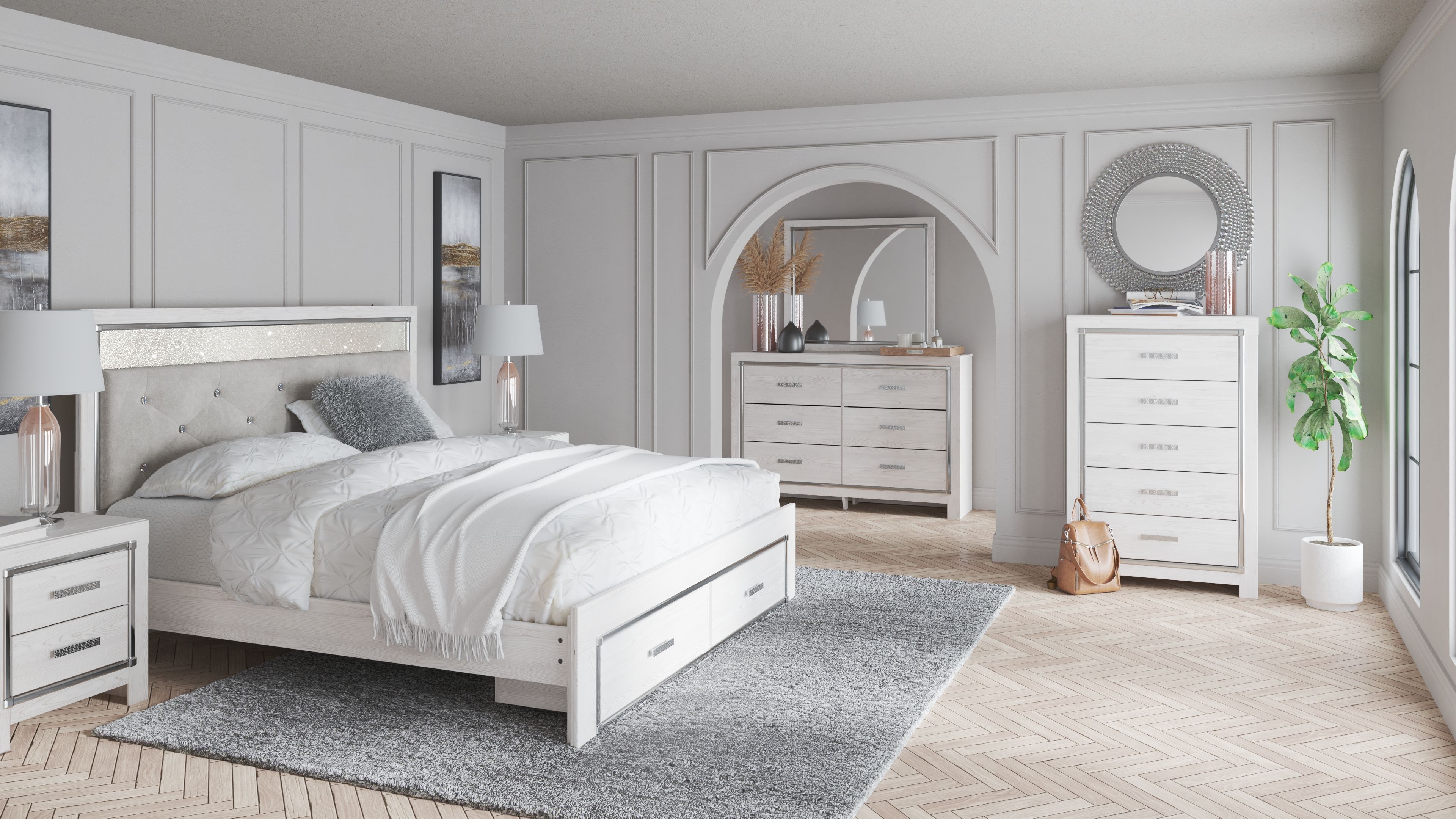 Altyra - King Upholstered Storage Bed - 8 Pc. - Dresser, Mirror, King Bed, 2 Nightstands - White