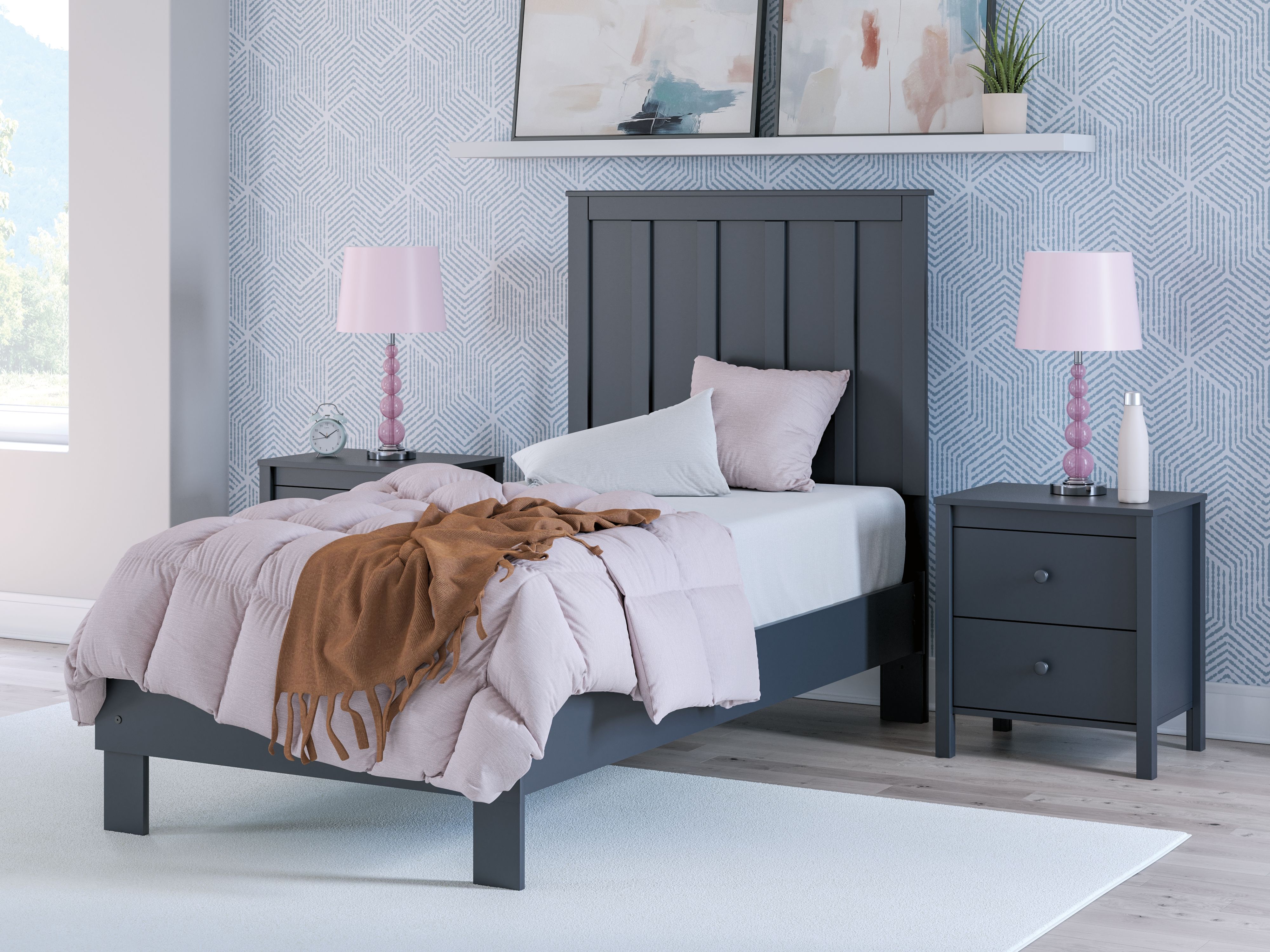 Simmenfort - Twin Platform Bed With Panel Headboard - Navy Blue