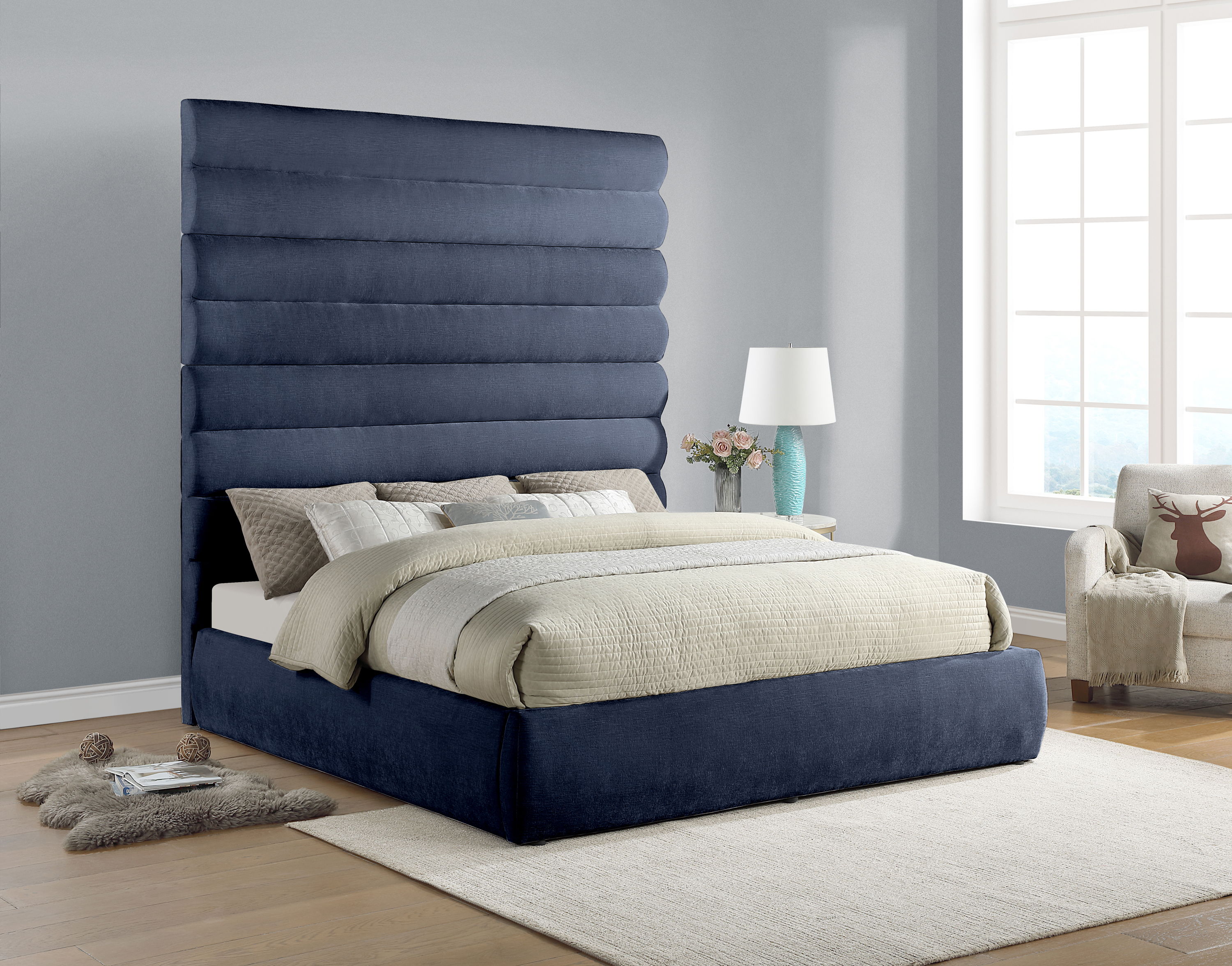 Adam - Chenille Fabric King Bed With 89" Headboard - Navy