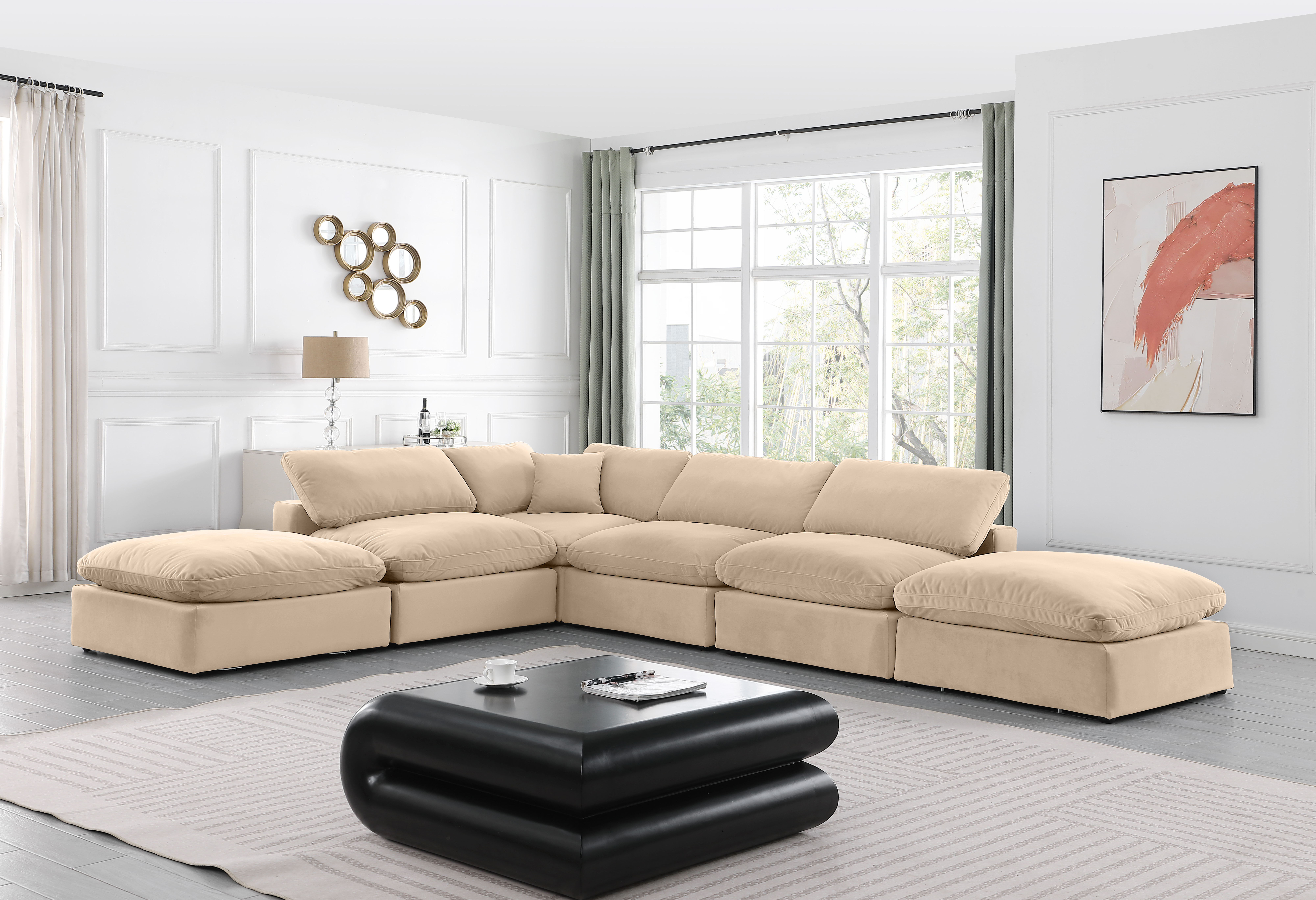 Comfy - 6 Piece Velvet Modular Sectional - Light Beige