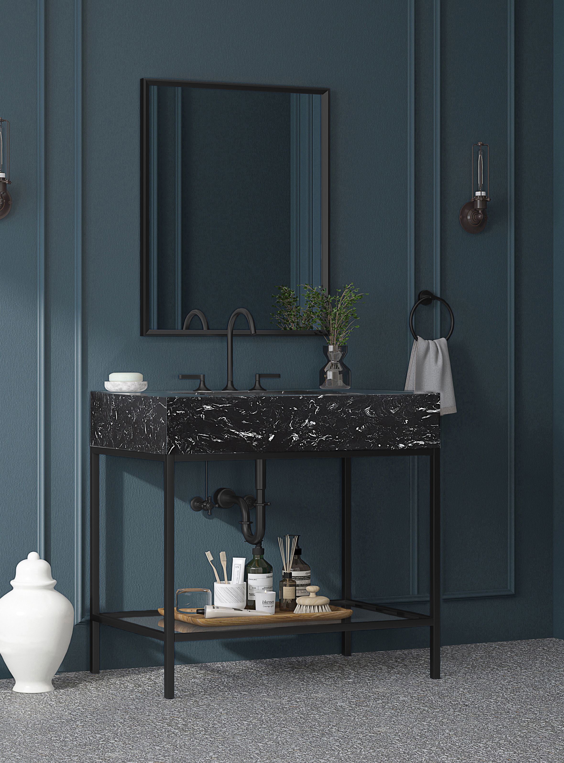 Marmo - 36" Engineered Marble Bathroom Vanity With Black Base - Black