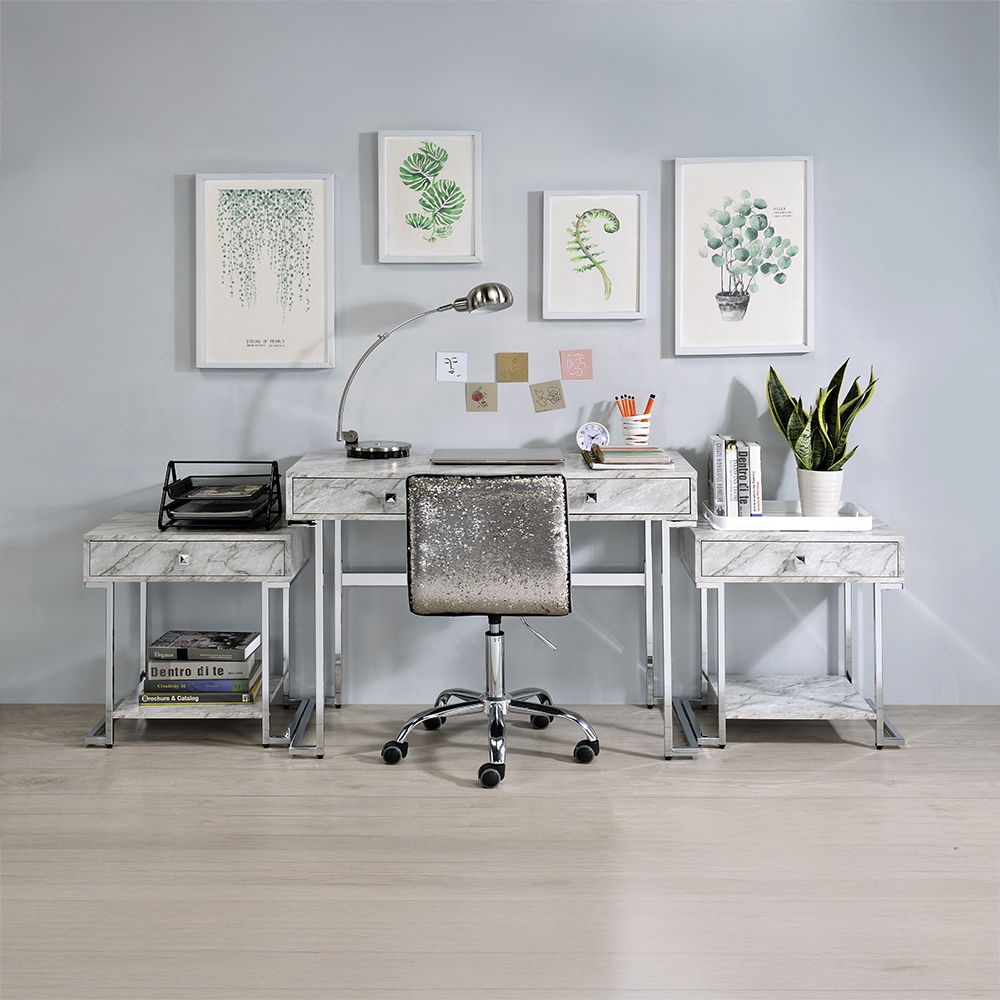 Tigress - Writing Desk - White Printed Faux Marble Top & Chrome, white, view 5
