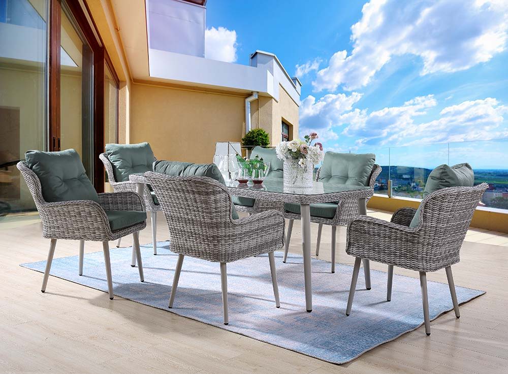 Jenneva - 7 Piece Patio Dining Set - Night Green Fabric & Gray, dark gray