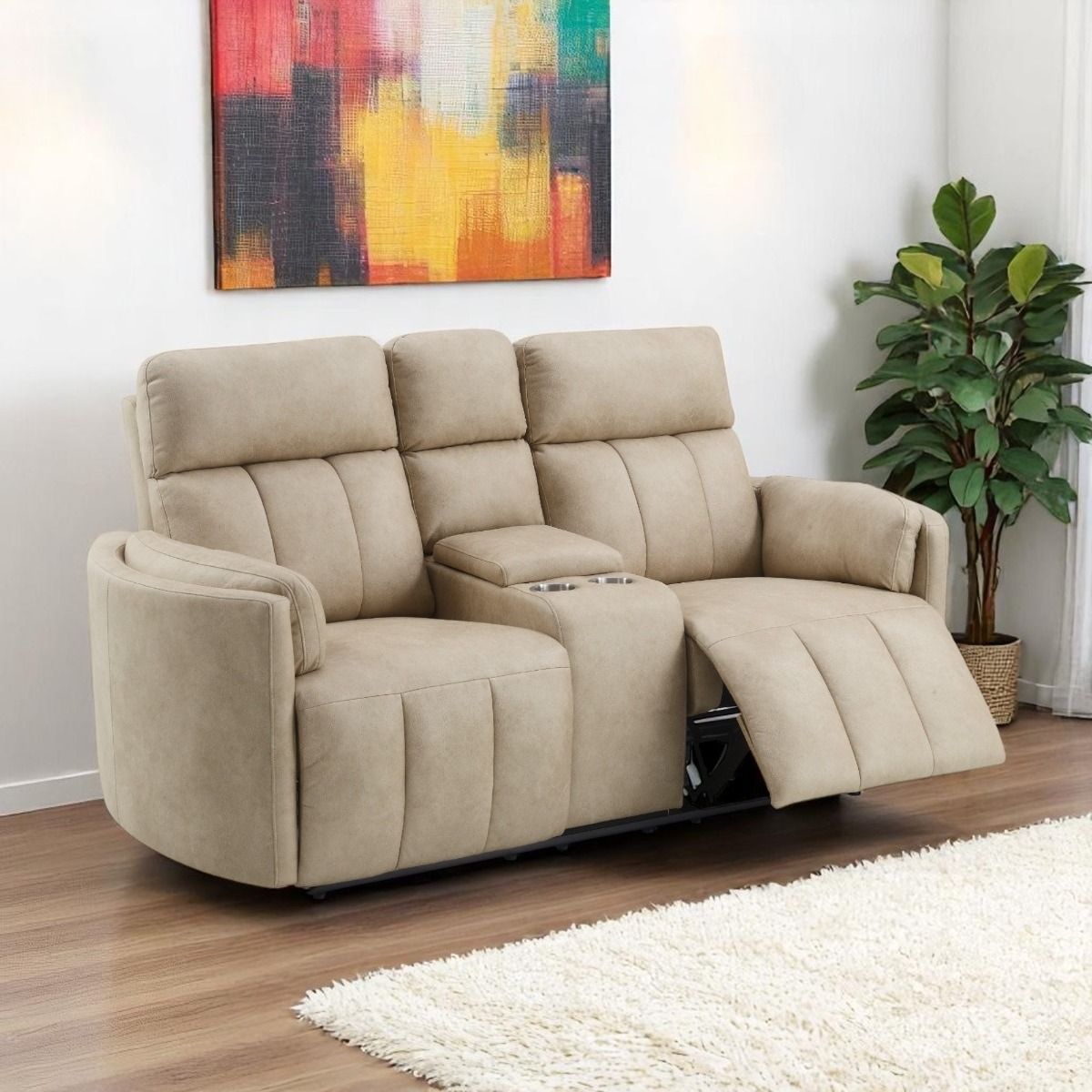 Elison - Motion Loveseat With Console - Dark Beige Polish Microfiber, beige