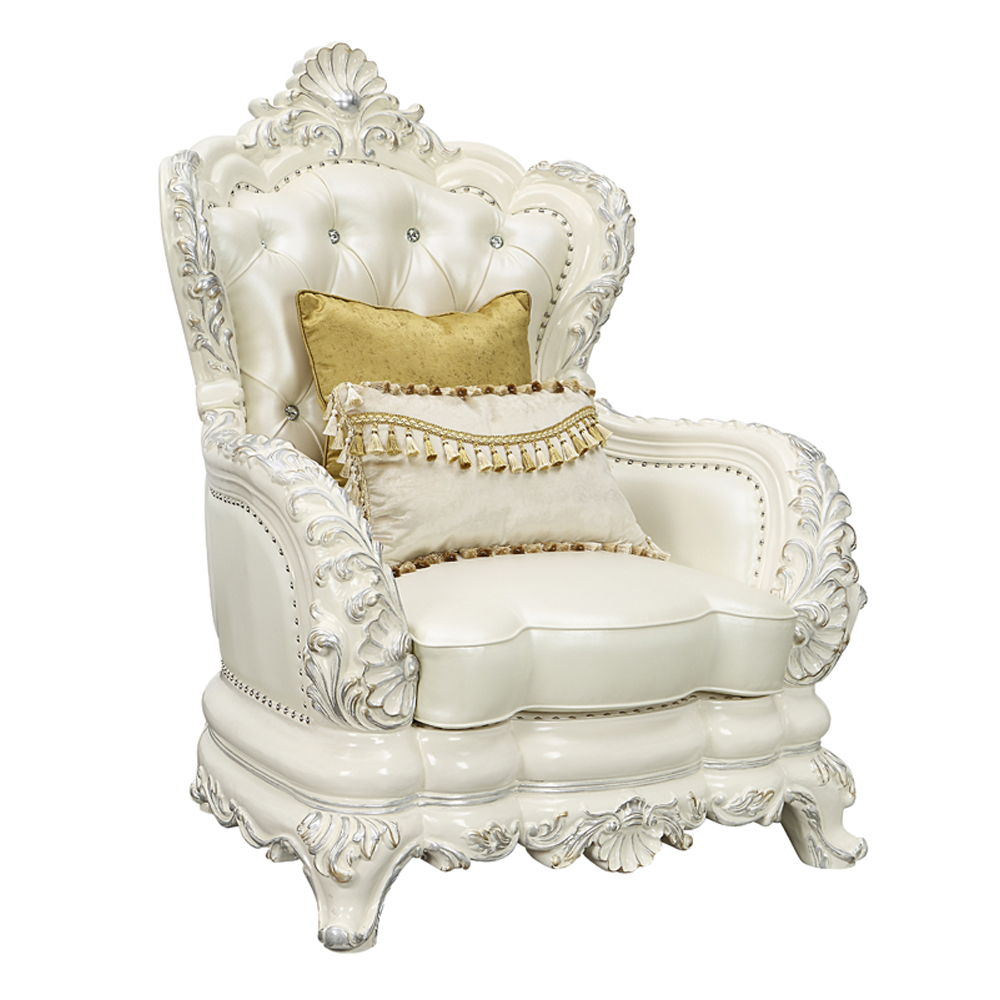 Adara - Chair With 2 Pillows - Pearl White Synthetic Leather & Antique White, white