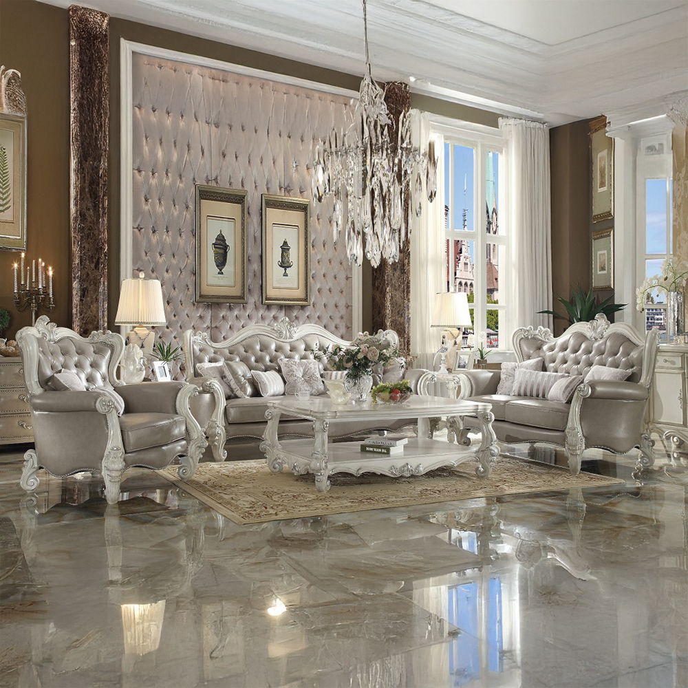Versailles - Chair With 2 Pillows - Vintage Gray Synthetic Leather & Bone White, beige, view 3
