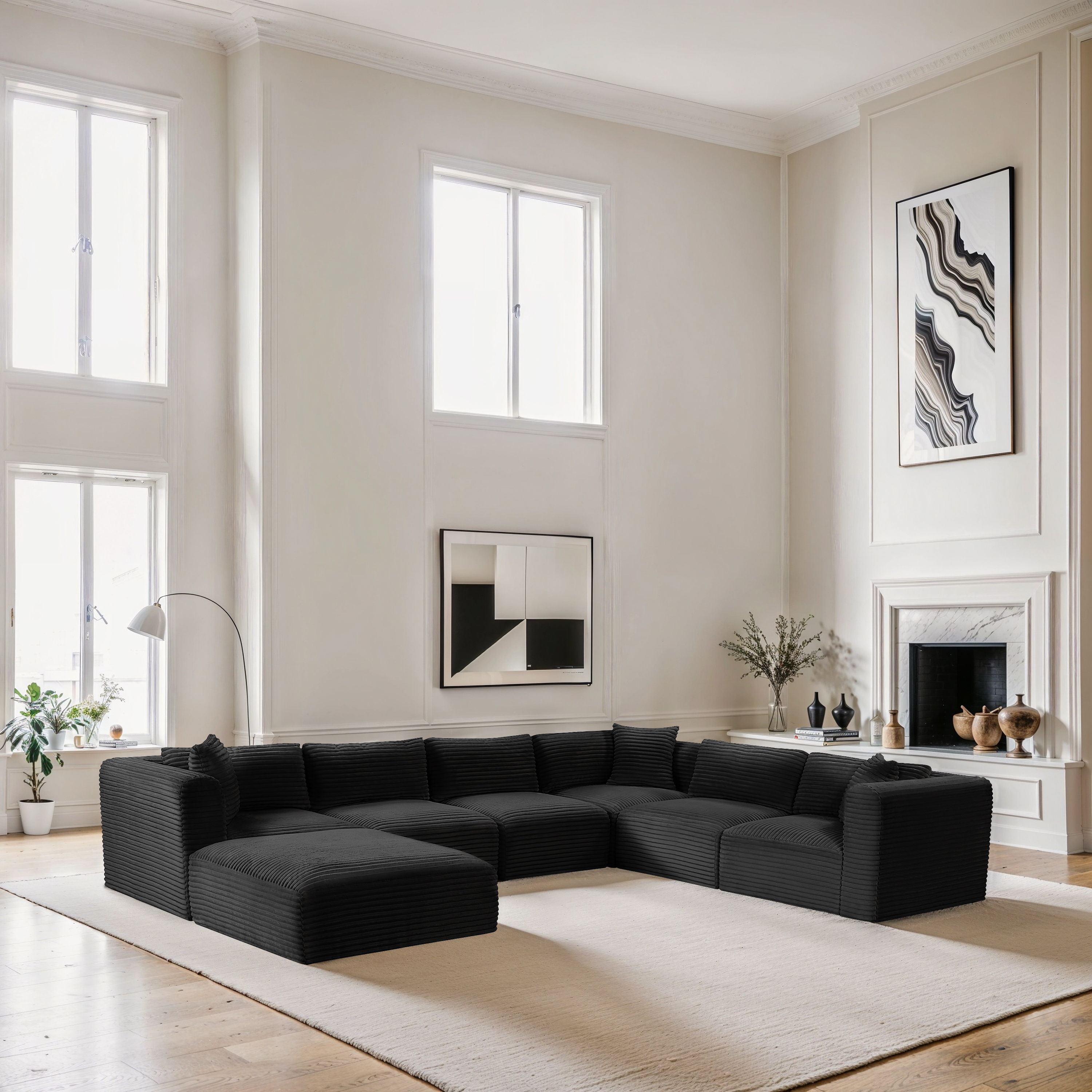 Shaggy - 7 Piece Modular U-Shaped Sectional With Ottoman - Black