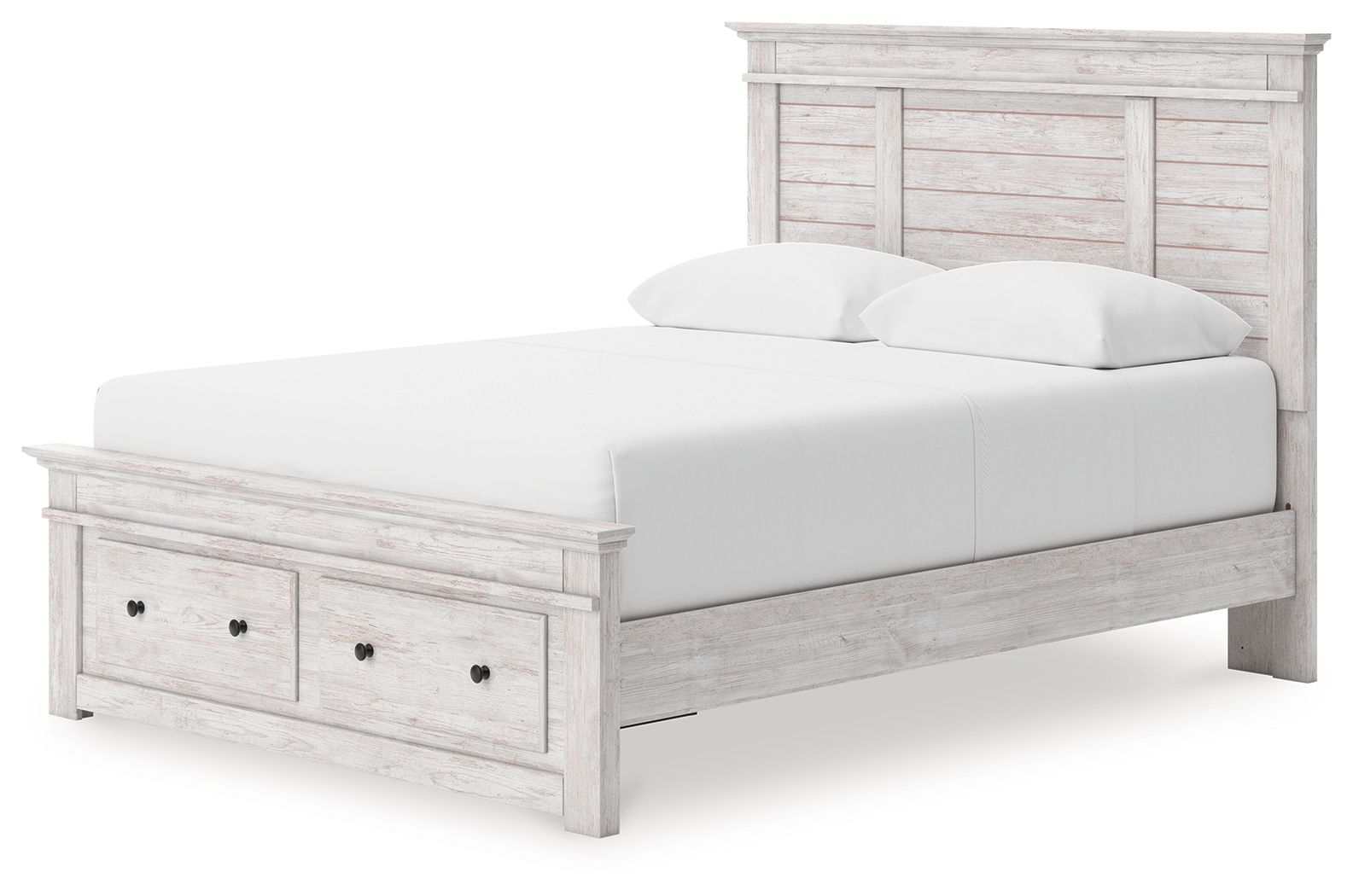 Makidern - Queen Panel Storage Bed With Under Bed Storage Unit And Storage Footboard - Whitewash