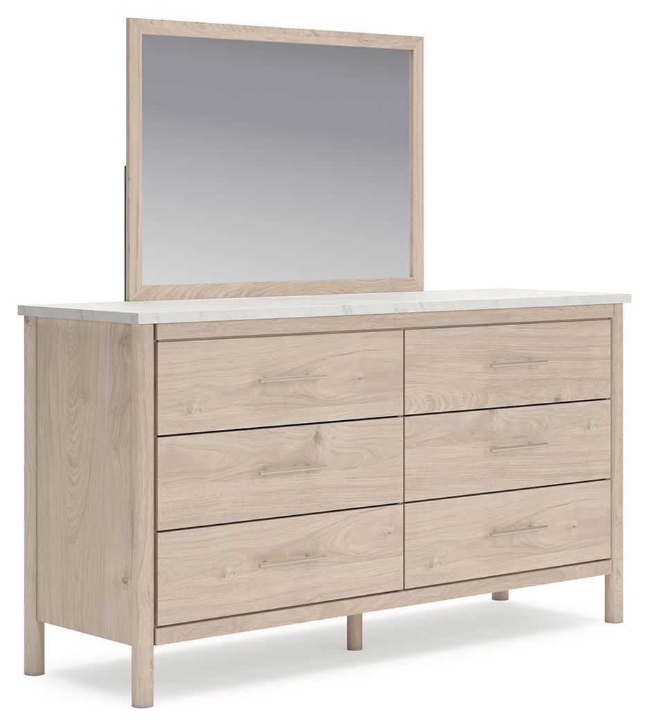 Cadmori - 5 Pc. - Dresser, Mirror, Queen Upholstered Panel Bed - Two-tone