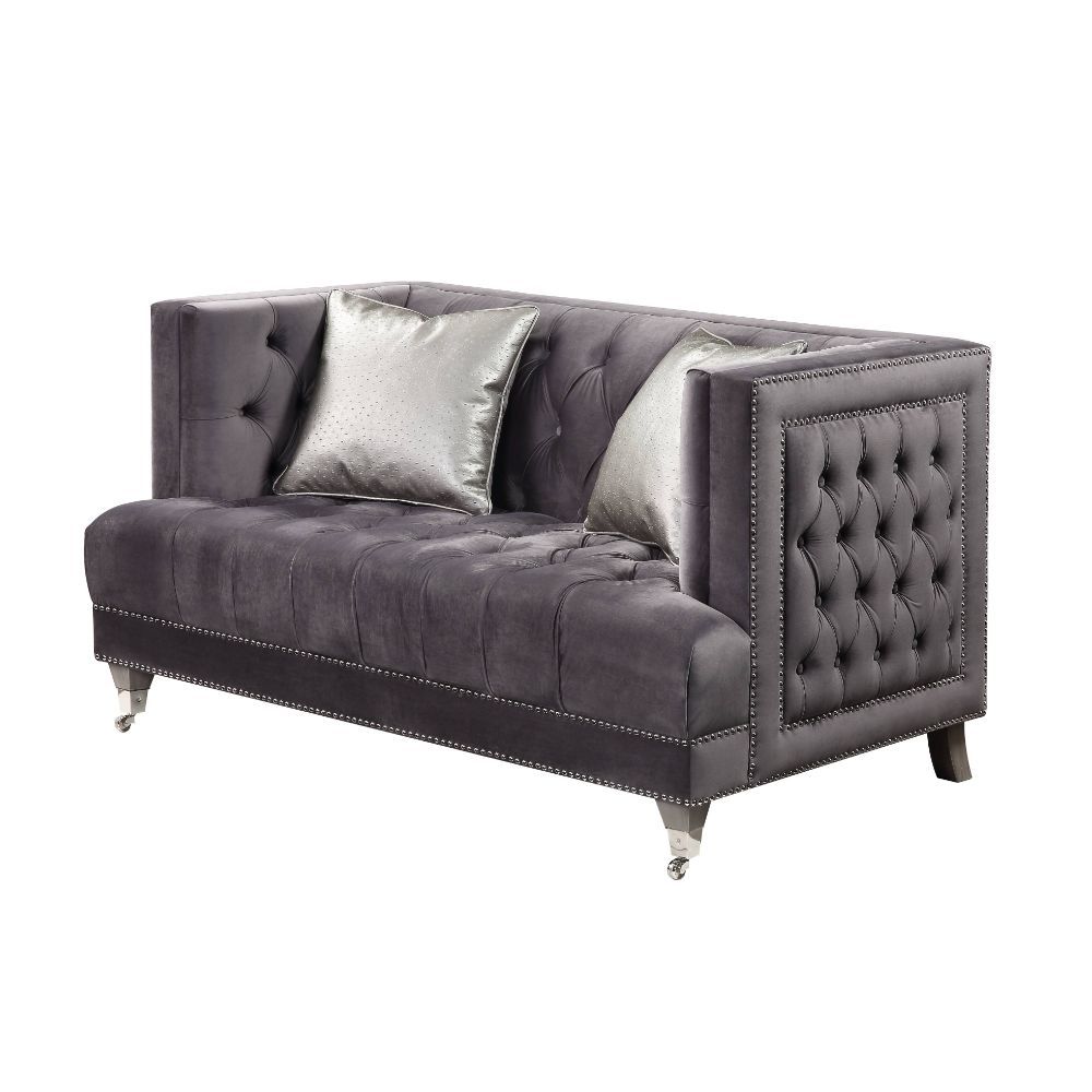 Hegio - Loveseat With 2 Pillows - Gray Velvet, dark gray