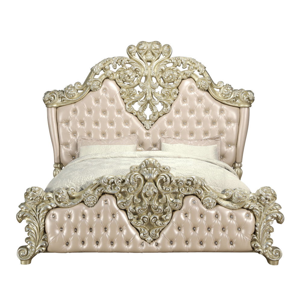 Vatican - Eastern King Bed - Synthetic Leather, Light Gold & Champagne Silver, beige, view 8