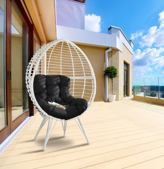 Galzed - Patio Lounge Chair - Black Fabric & White Wicker, white