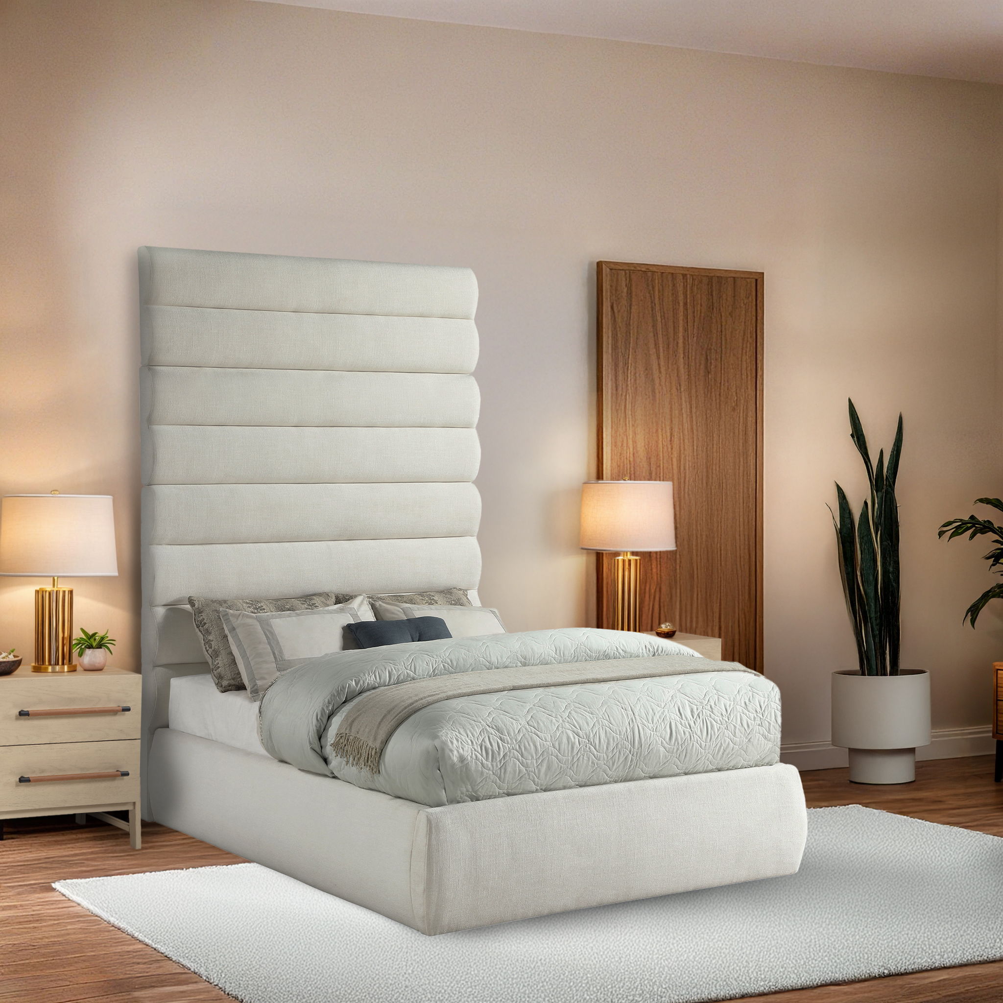 Adam - Linen Fabric Full Bed With 89" Headboard - Cream
