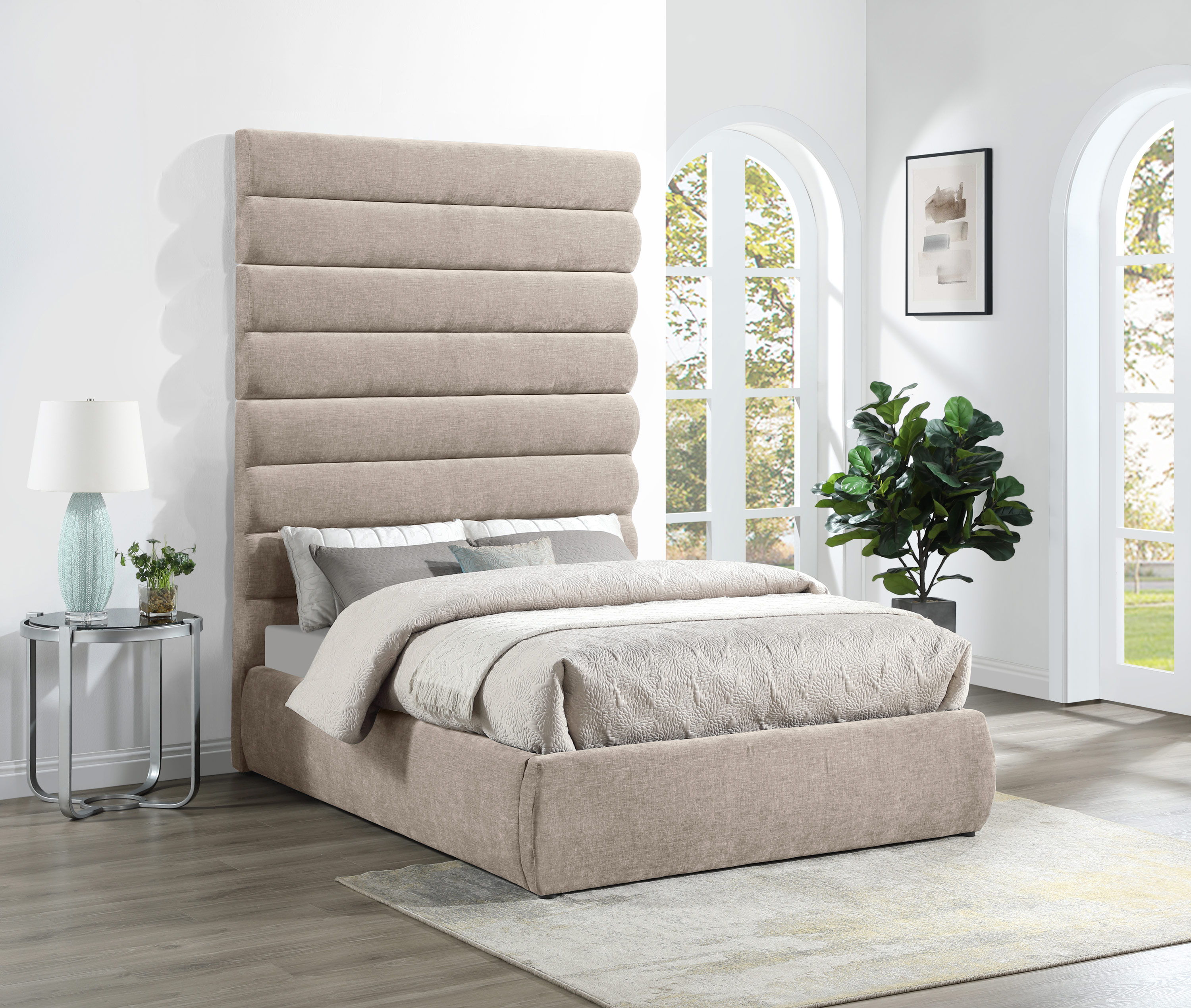 Adam - Chenille Fabric Full Bed With 89" Headboard - Beige