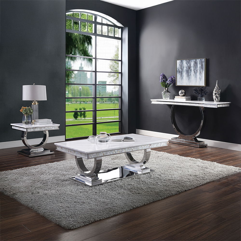 Zander - Sofa Table - White Printed Faux Marble Top & Mirrored Silver, white, view 4
