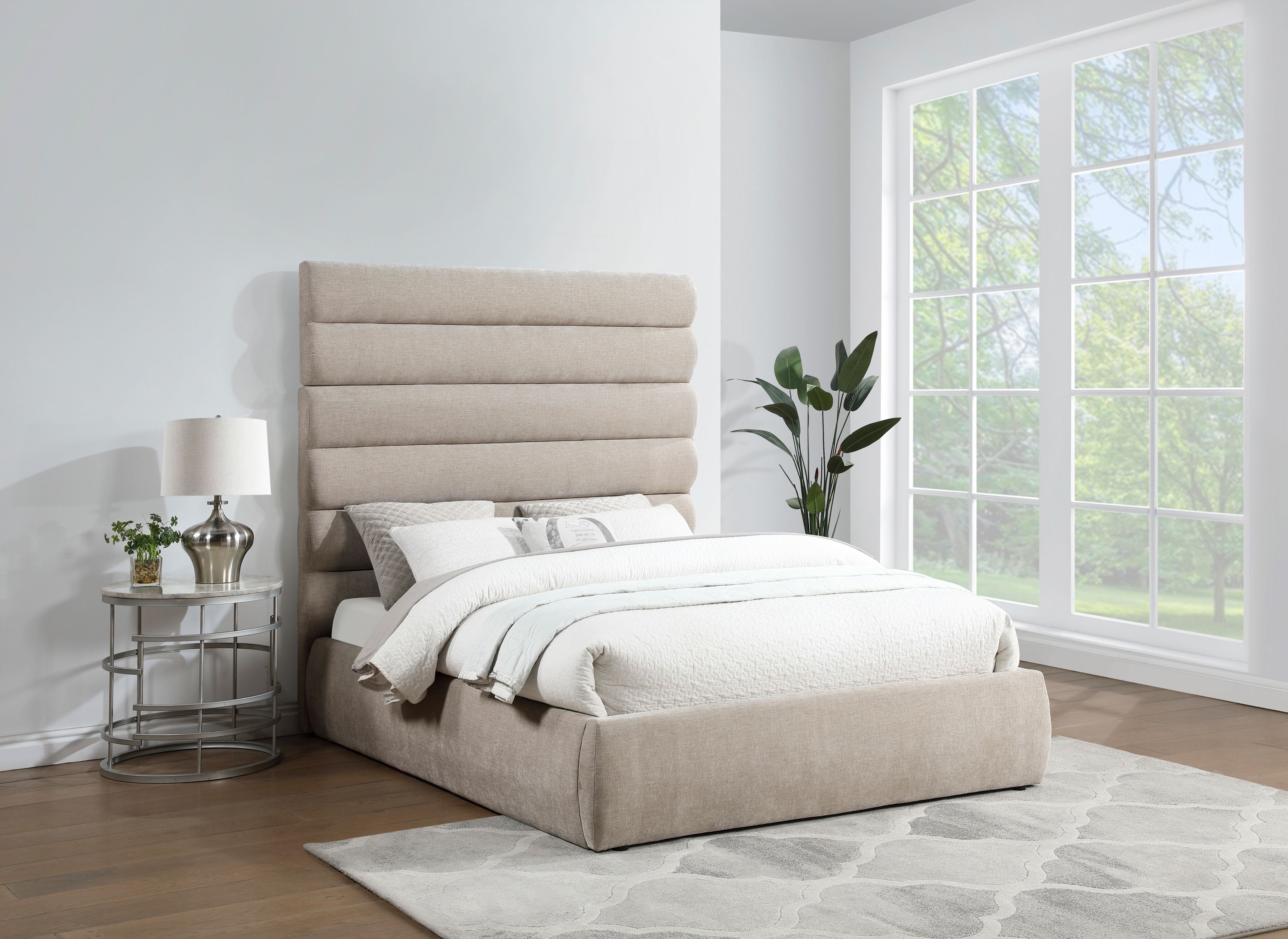 Adam - Chenille Fabric Queen Bed With 70.5" Headboard - Beige