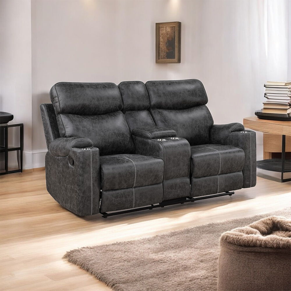 Hirah - Motion Loveseat With Console & USB Port - Dark Gray Polish Microfiber, dark gray, view 5