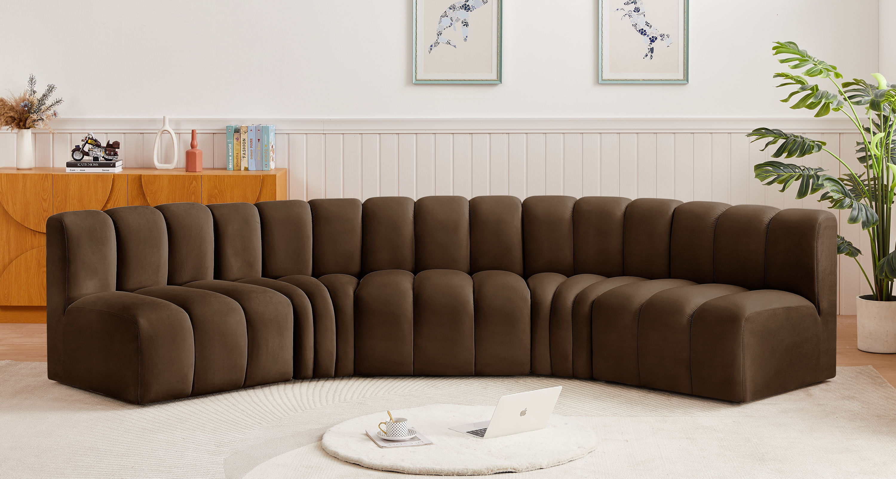 Arc - Velvet 5 Piece U-Shaped Modular Sofa - Brown