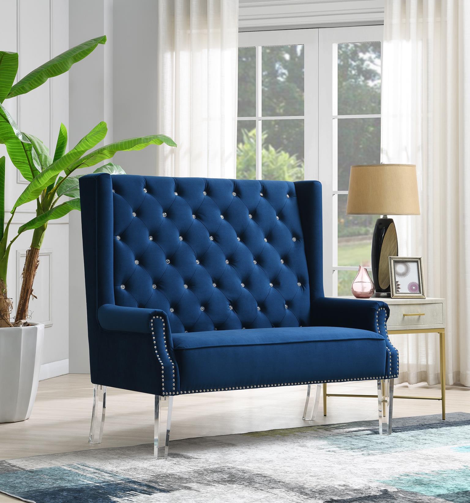 D2095 - High Back Velvet Wing Bench With Acrylic Legs - Blue