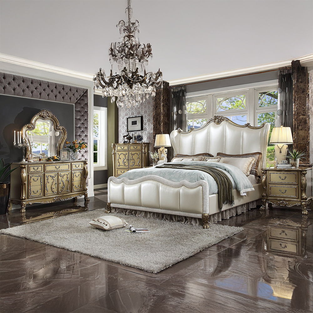Dresden II - Queen Bed - Pearl White Synthetic Leather & Gold Patina, white, view 4