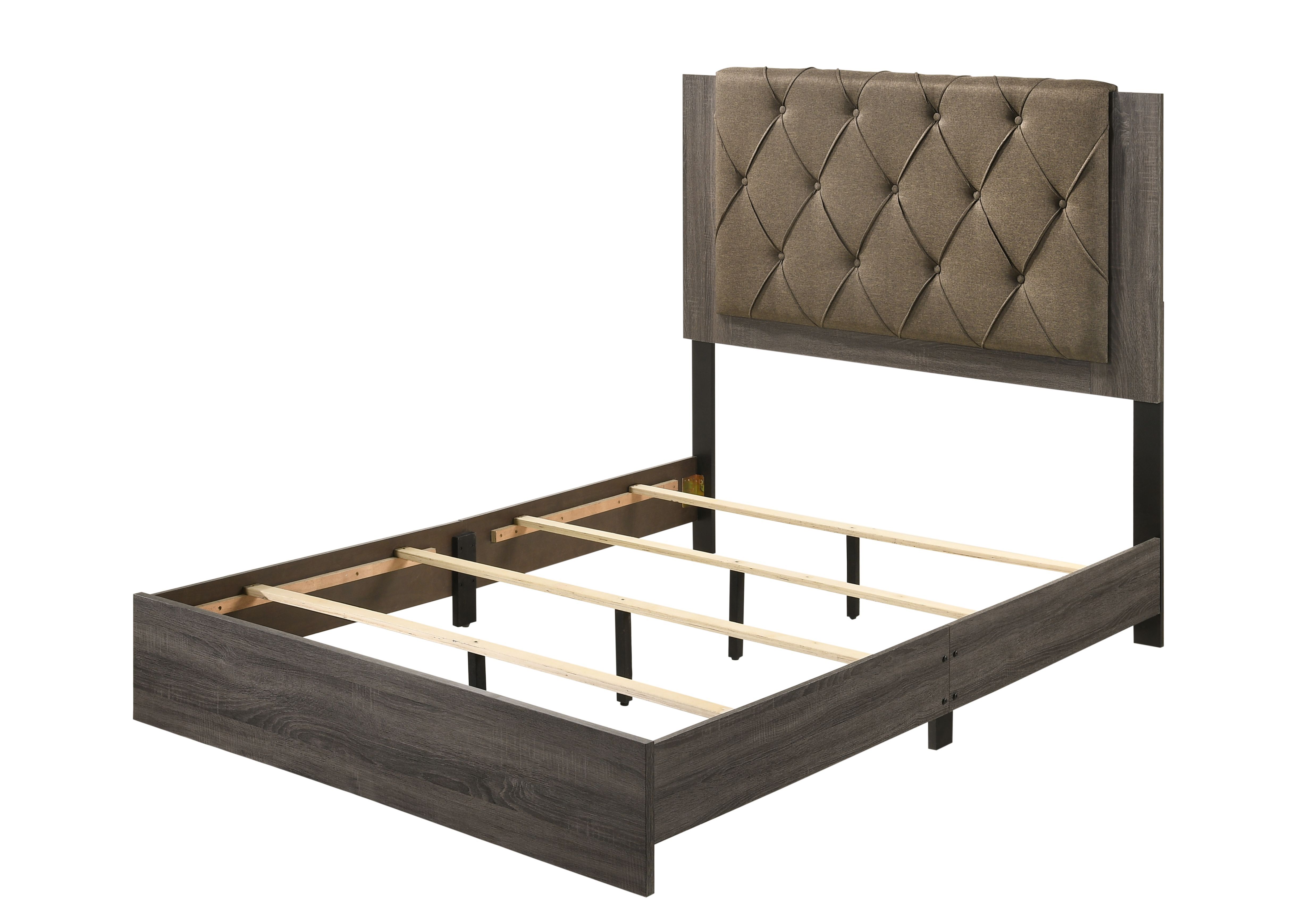 Avantika - Eastern King Bed - Fabric & Rustic Gray Oak, dark gray