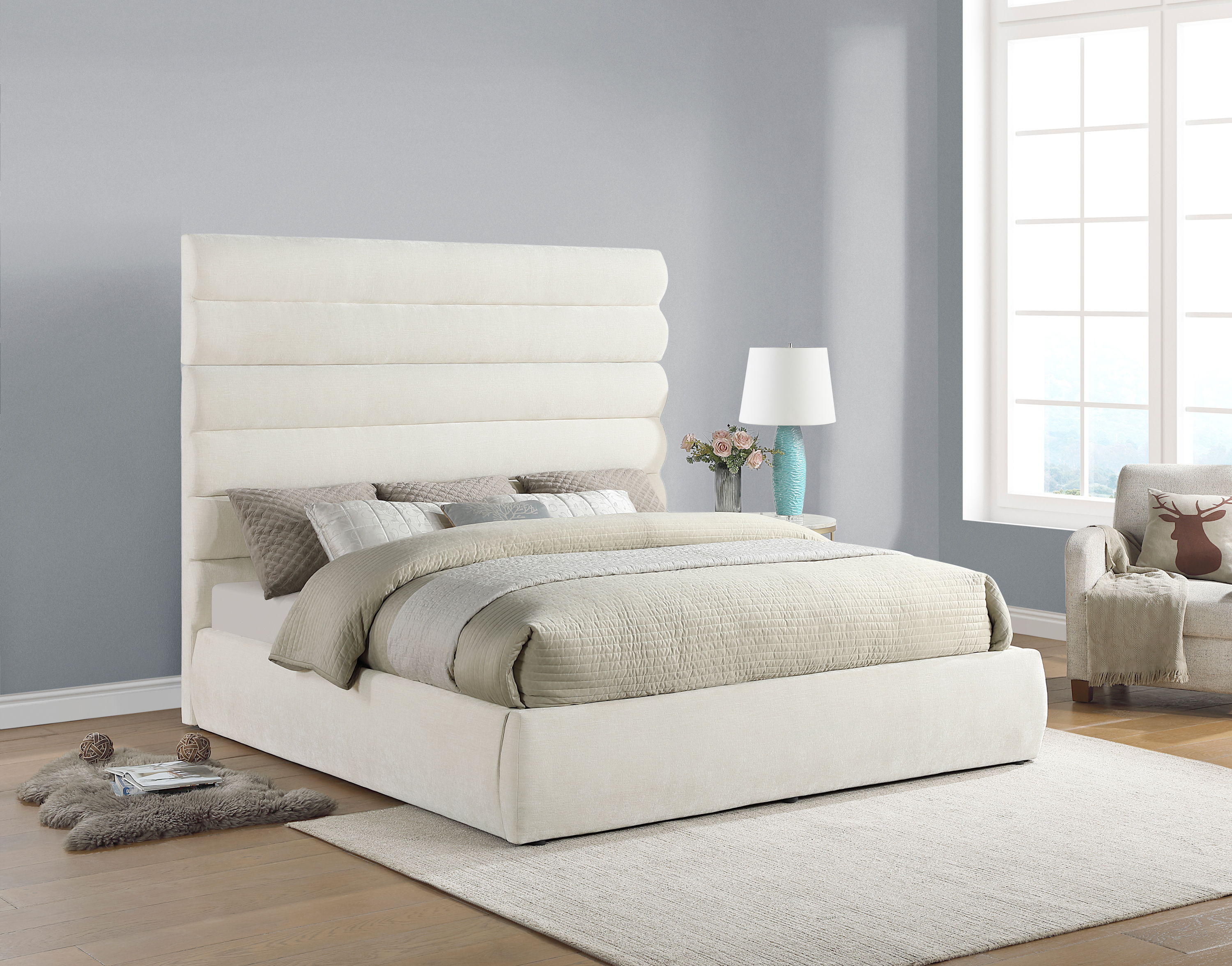 Adam - Chenille Fabric King Bed With 70.5" Headboard - Cream