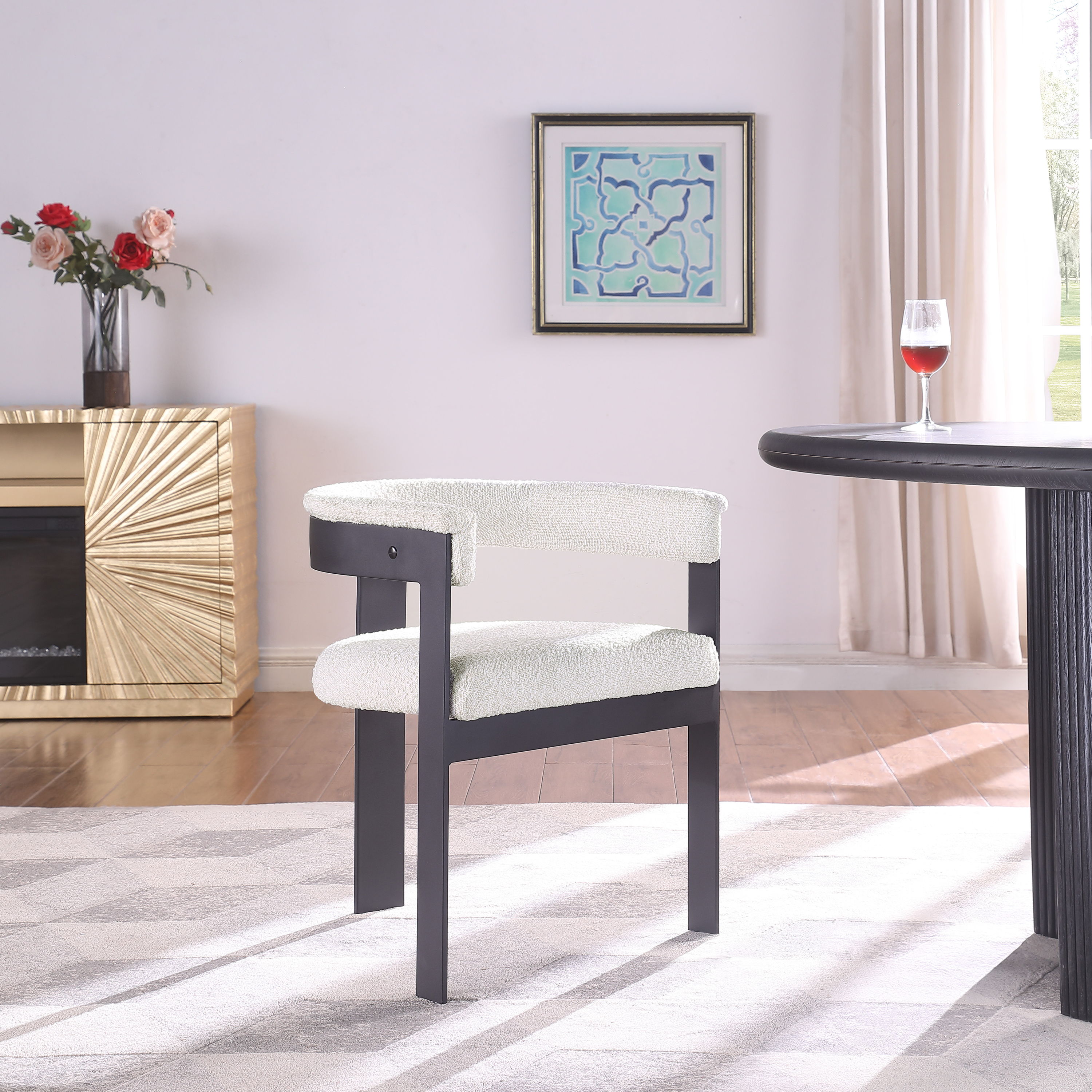 Romeo - Boucle Dining Chair With Black Base (Set of 2) - Cream