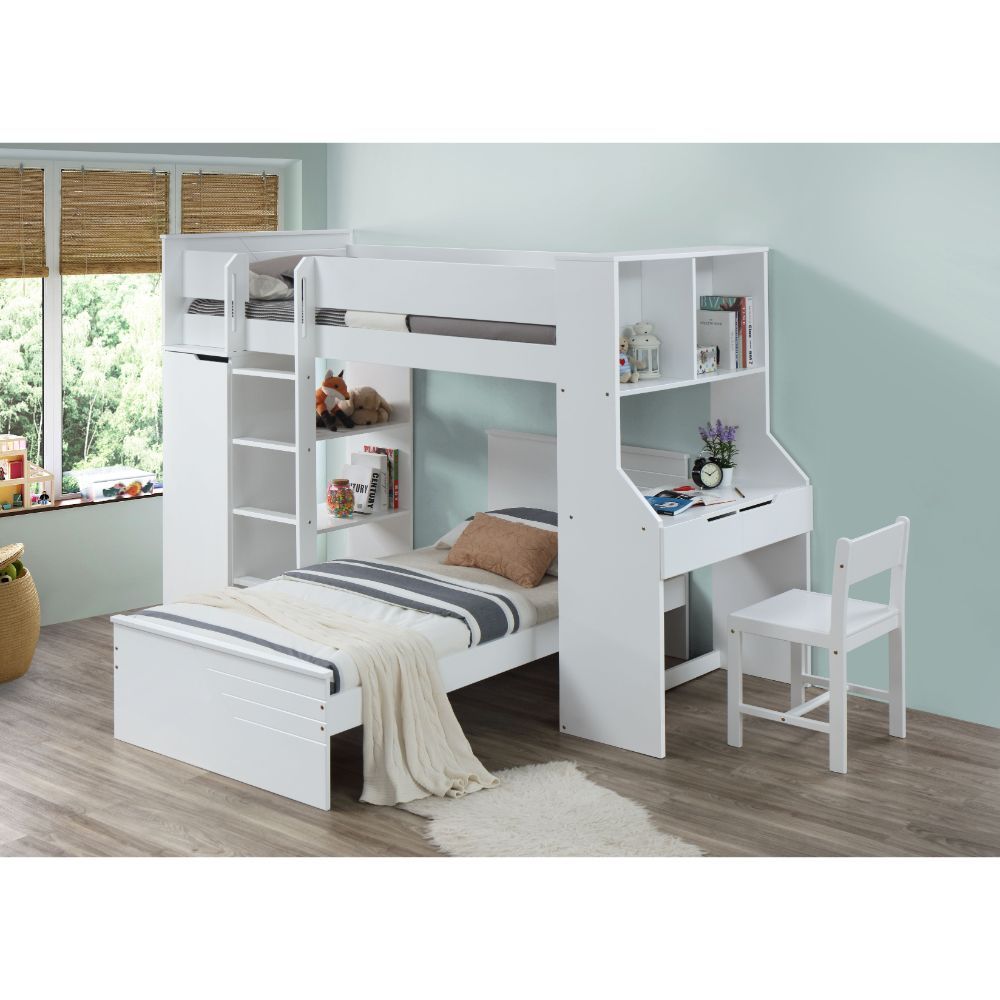 Ragna - Twin Loft Bed With Desk & Wardrobe - White, white