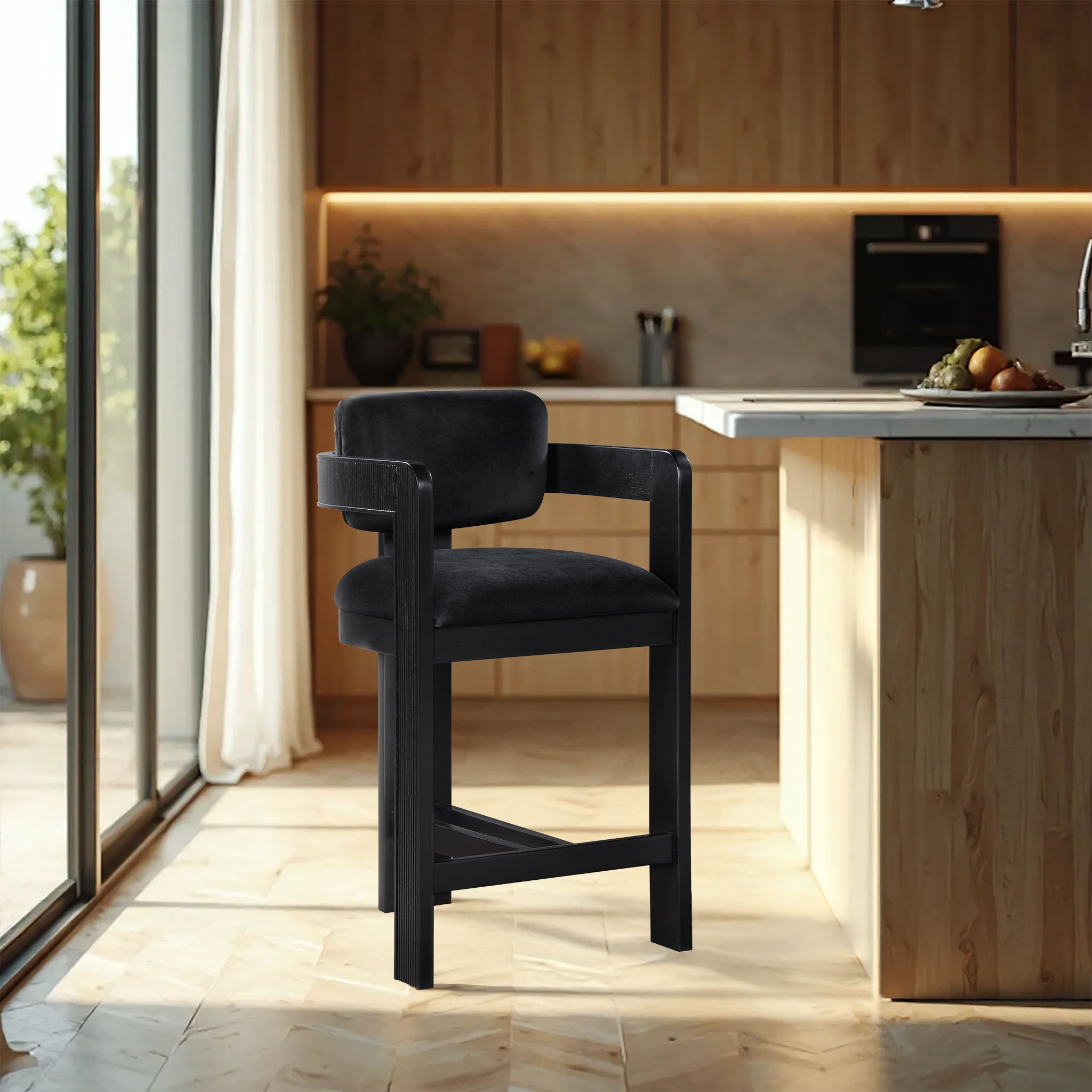 Sacha - Velvet Stool With Black Base - Black