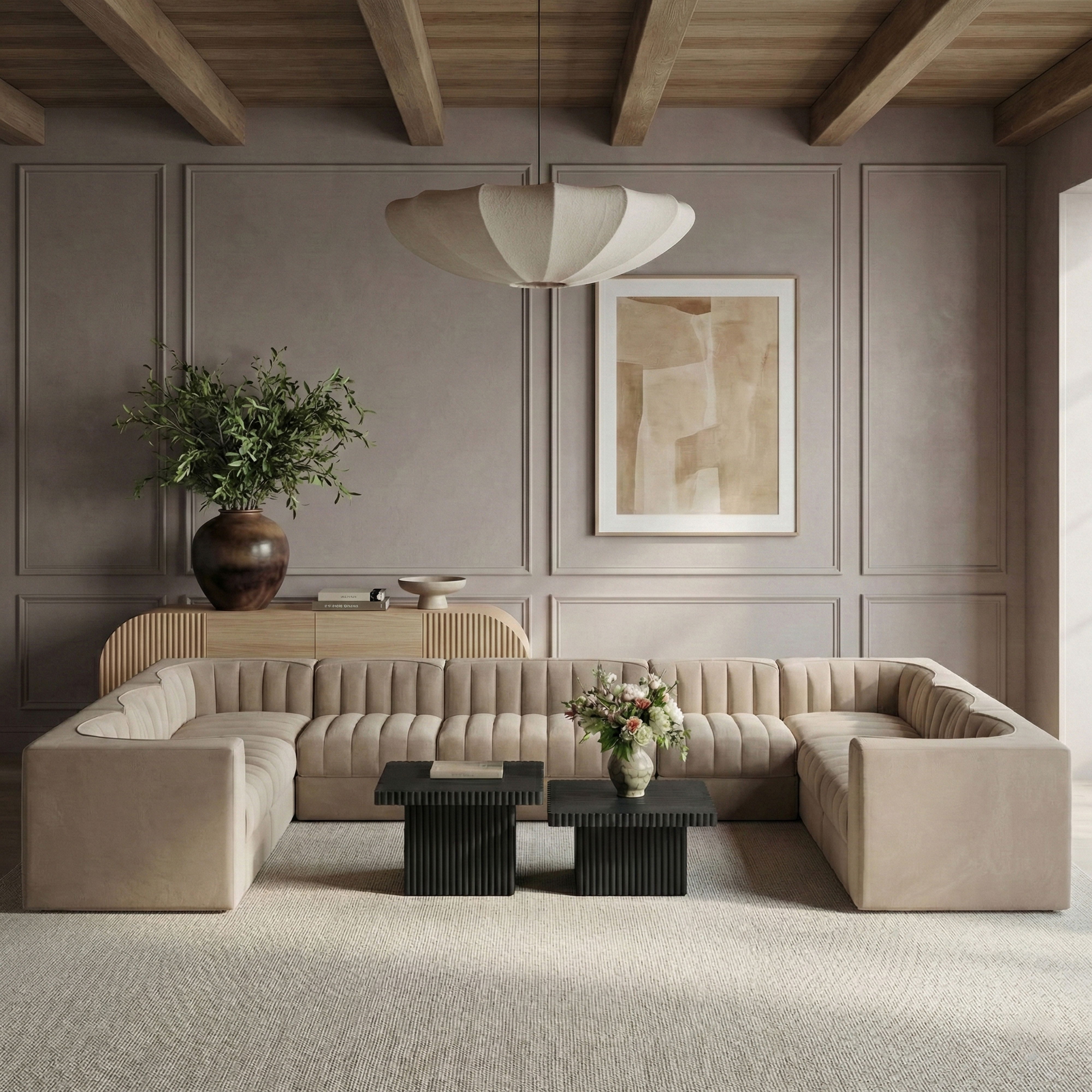 Rummi - Velvet Performance Fabric Upholstered 10 Piece Modular Sectional - Beige