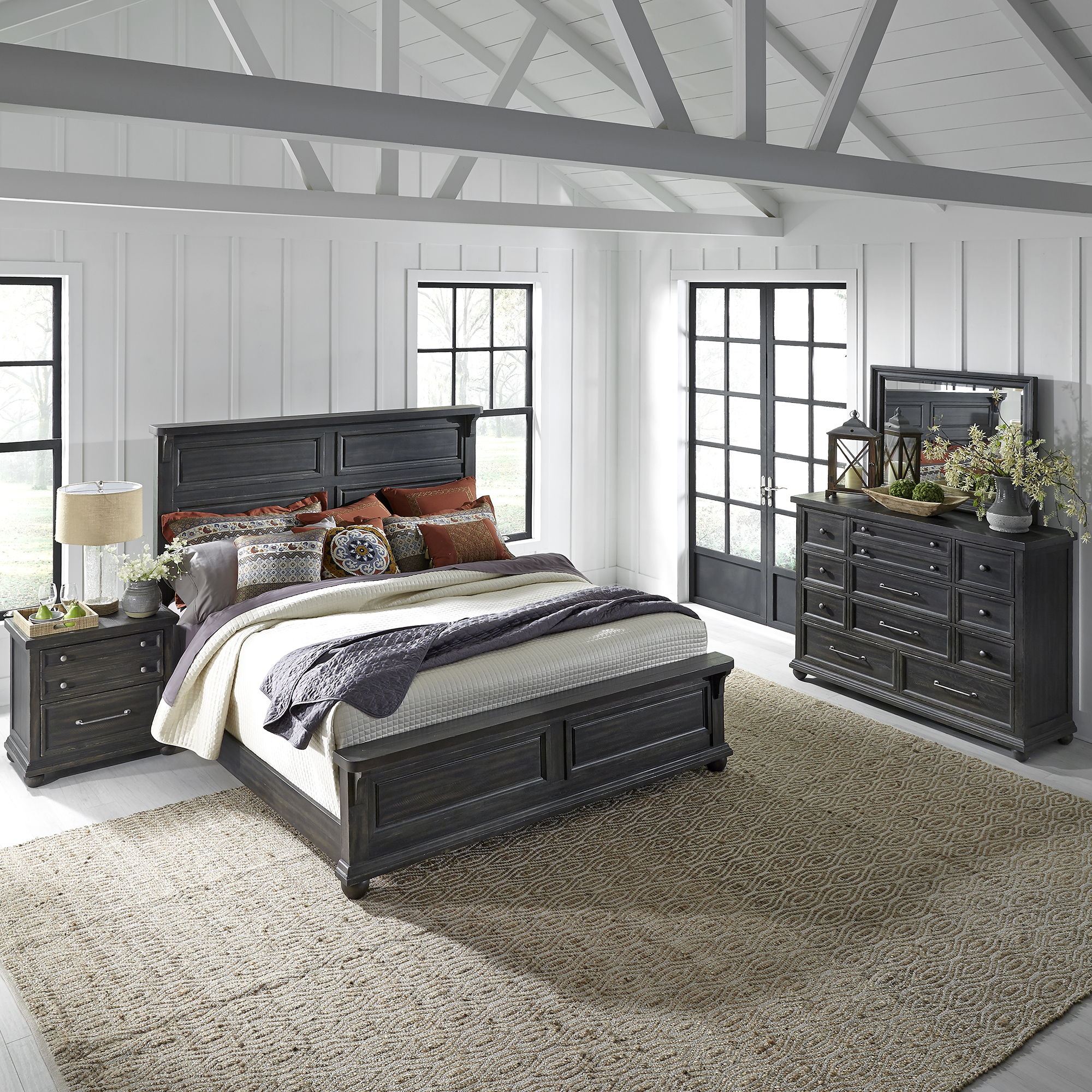 Liberty Furniture Harvest Home - Queen Panel Bed, Dresser & Mirror, Night Stand - Black