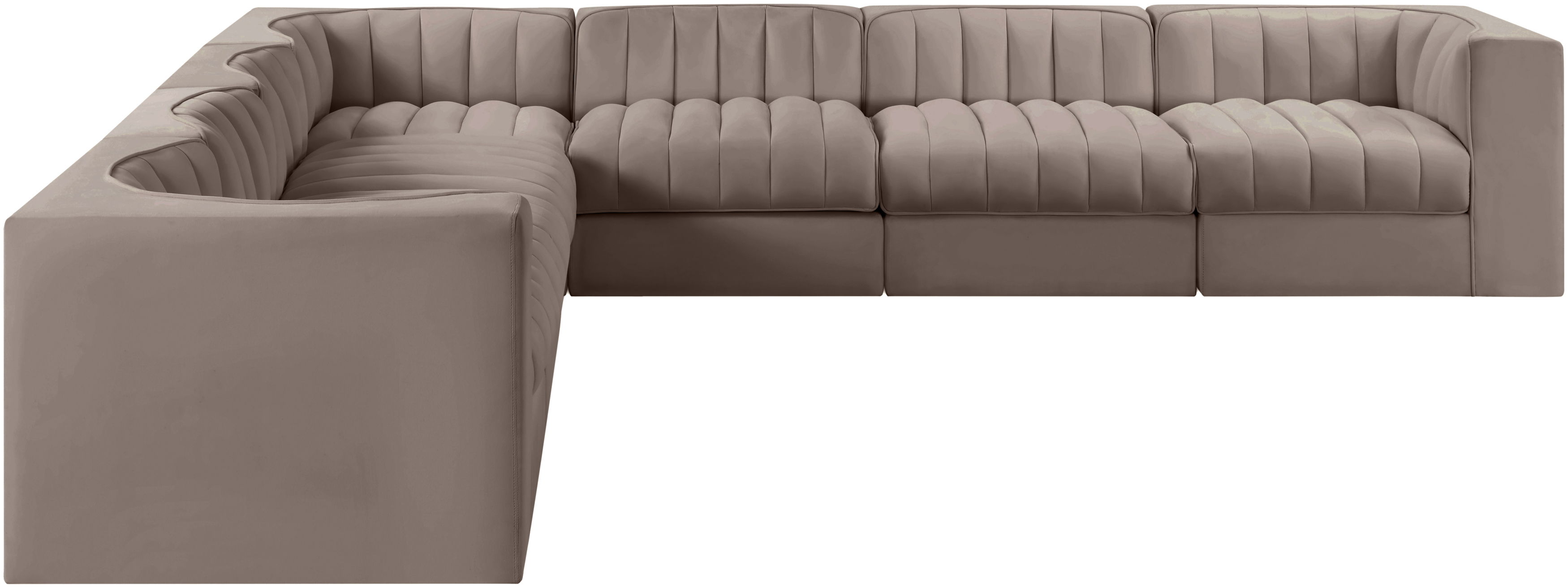 Rummi - Symmetrical Velvet Performance Fabric Upholstered 7 Piece Modular Sectional (With 3 Corner Chairs) - Taupe