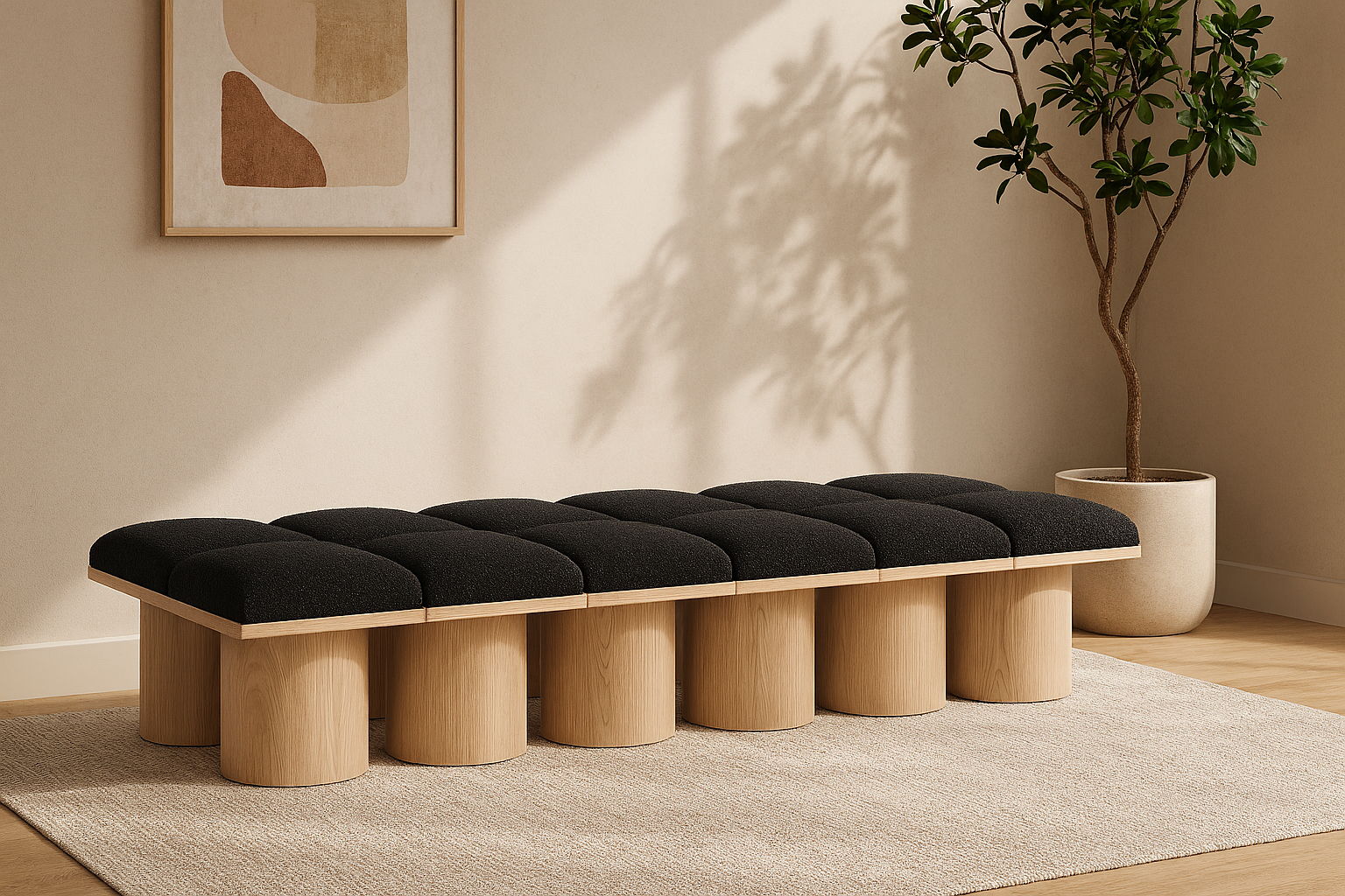 Pavilion - 93" 12 Piece Modular Bench With Natural Base - Black
