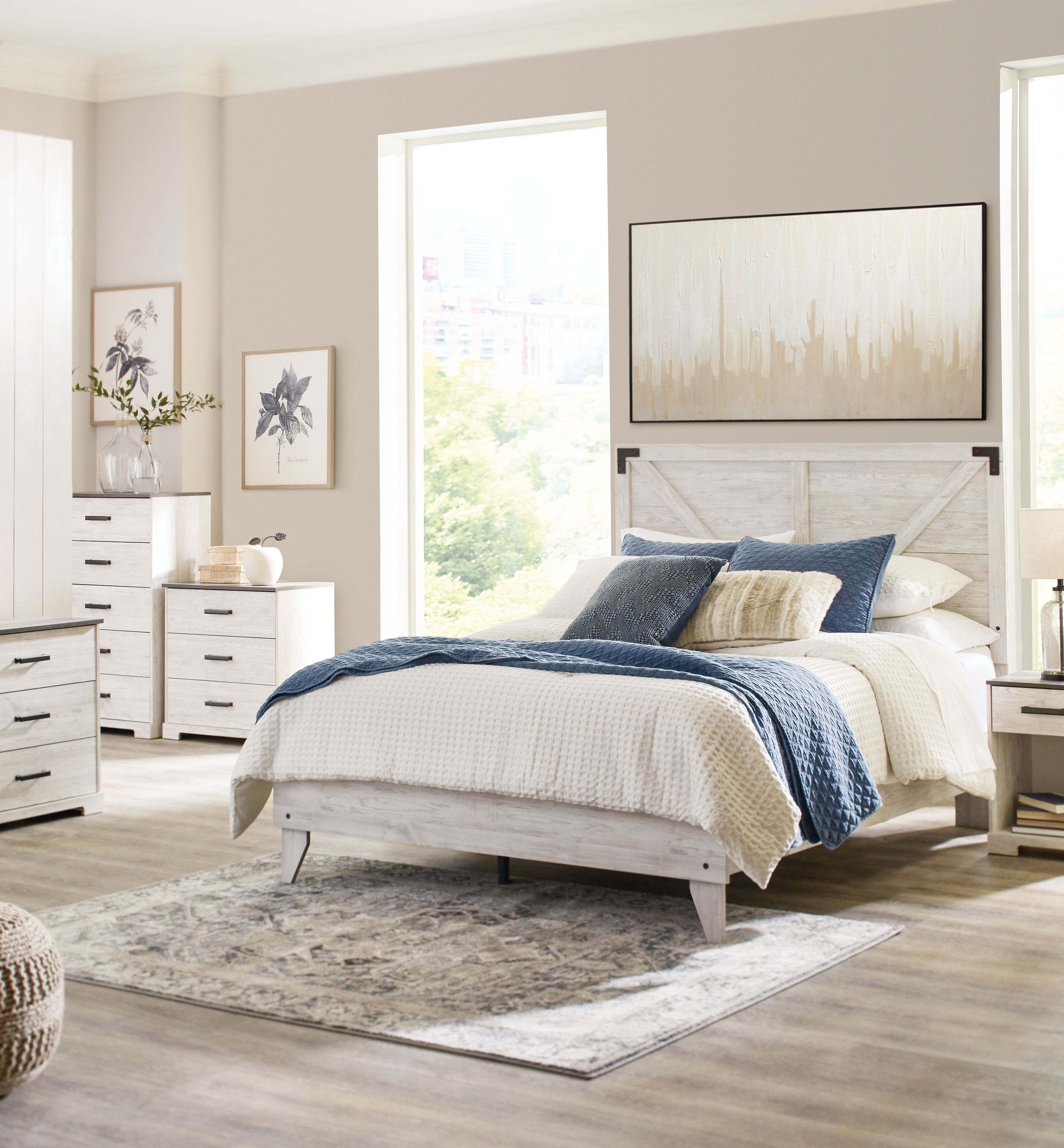 Shawburn - 3 Piece - Dresser, Queen Panel Platform Bed - White / Black / Gray