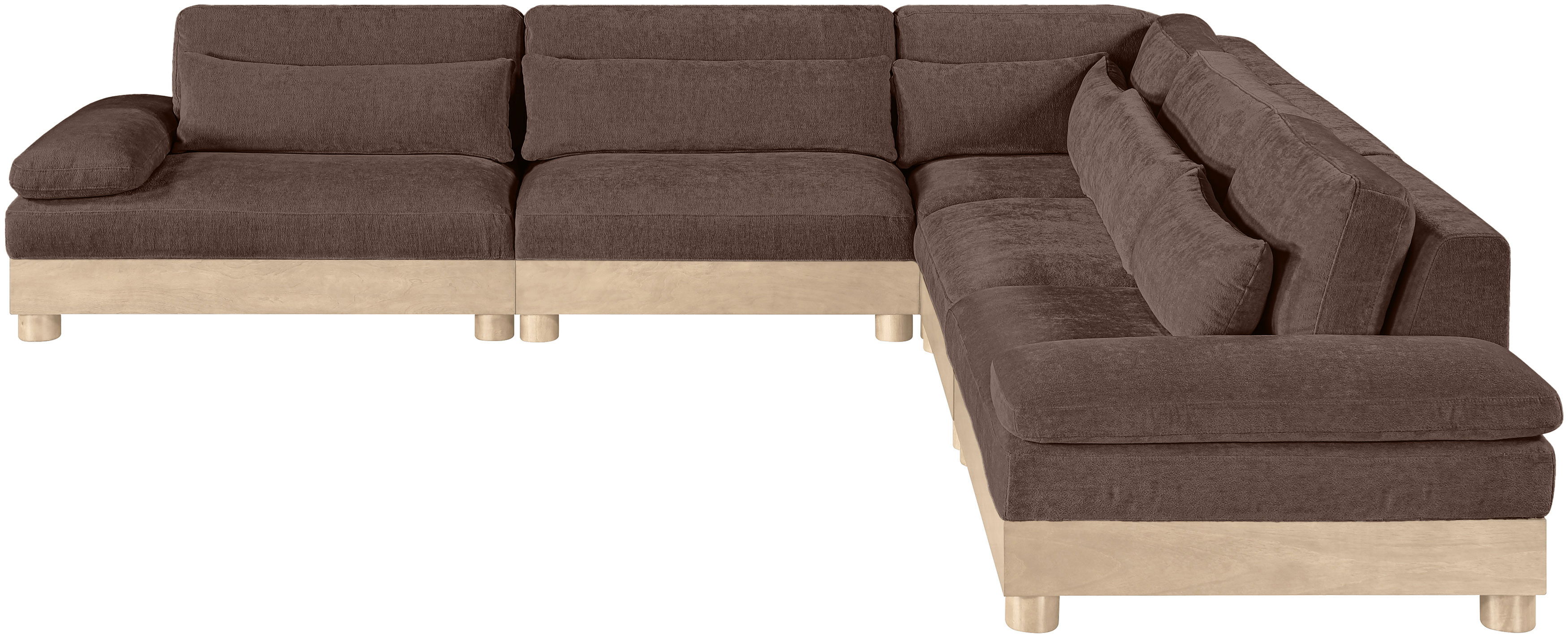 Turin - 127.75" Chenille Fabric Upholstered 5 Piece Modular Sectional (2 Armless Chairs, Corner Chair, Left Arm Chair, Right Arm Chair) - Brown / Natural Oak