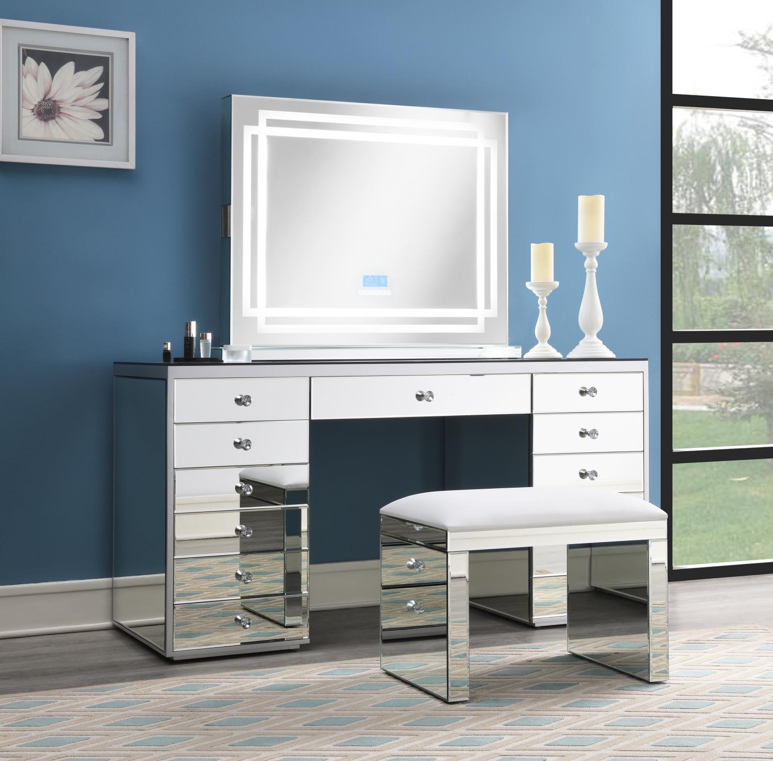 G-317 - Glamour Vanity Set (Dresser + Mirror Bluetooth Speaker With Lights) - Pearl Silver