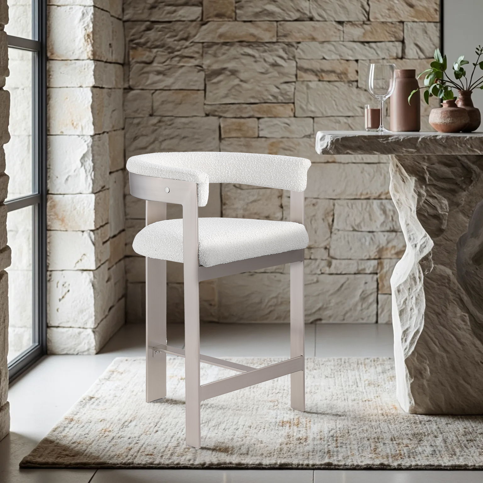 Romeo - Boucle Counter Stool With Silver Base (Set of 2) - Cream