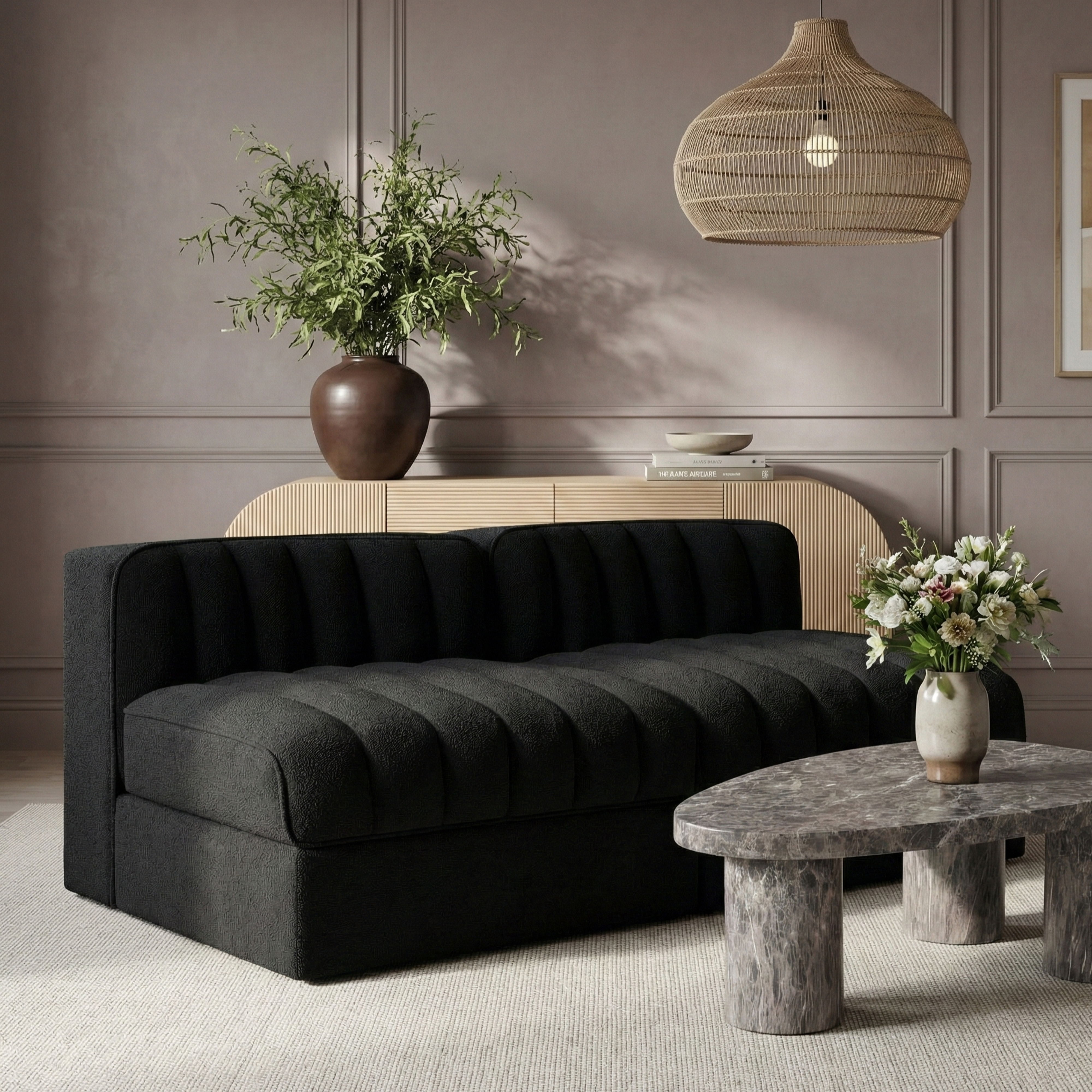 Rummi - Velvet Performance Fabric Upholstered 2 Piece Modular Armless Loveseat - Black