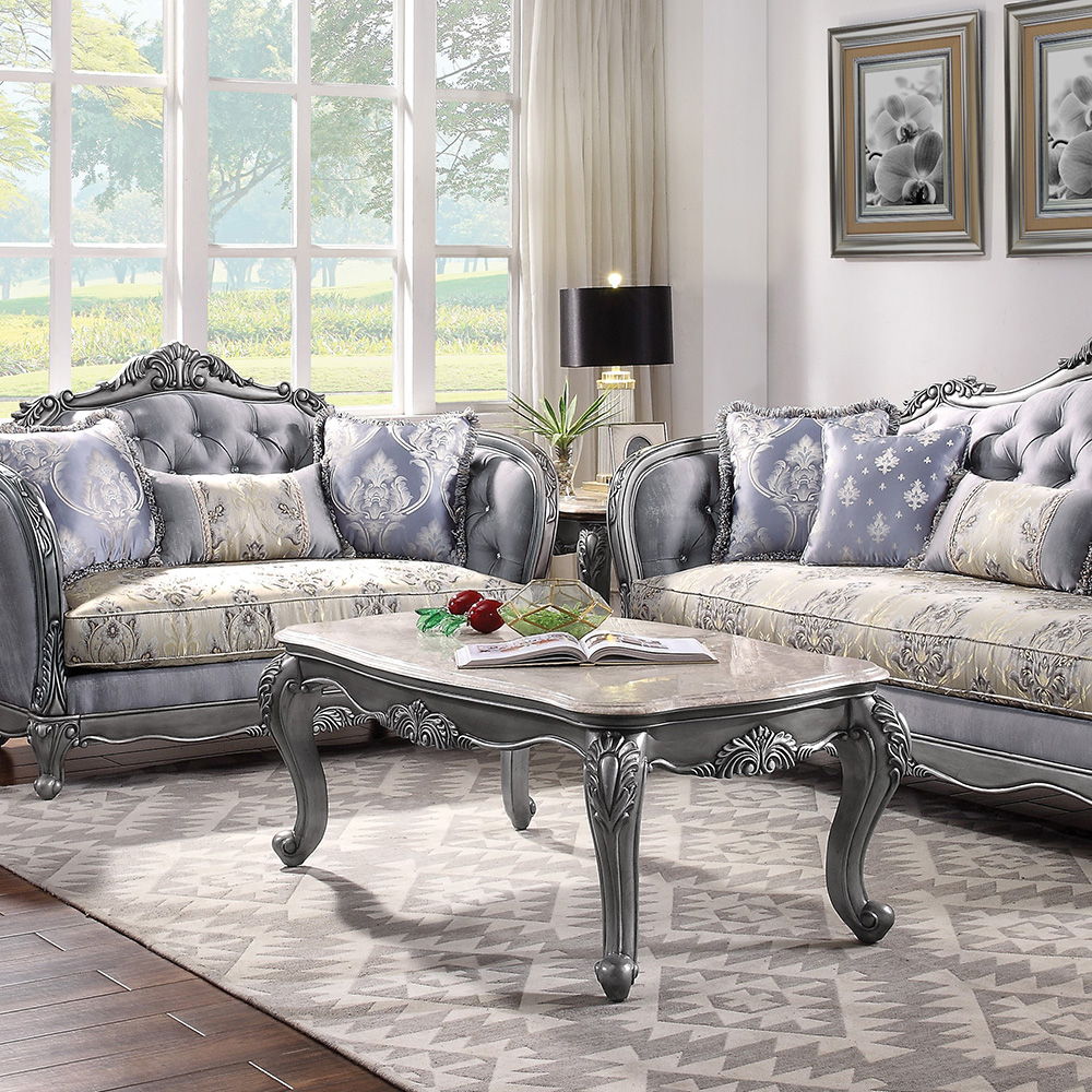 Ariadne - Coffee Table - Marble Top & Platinum, silver
