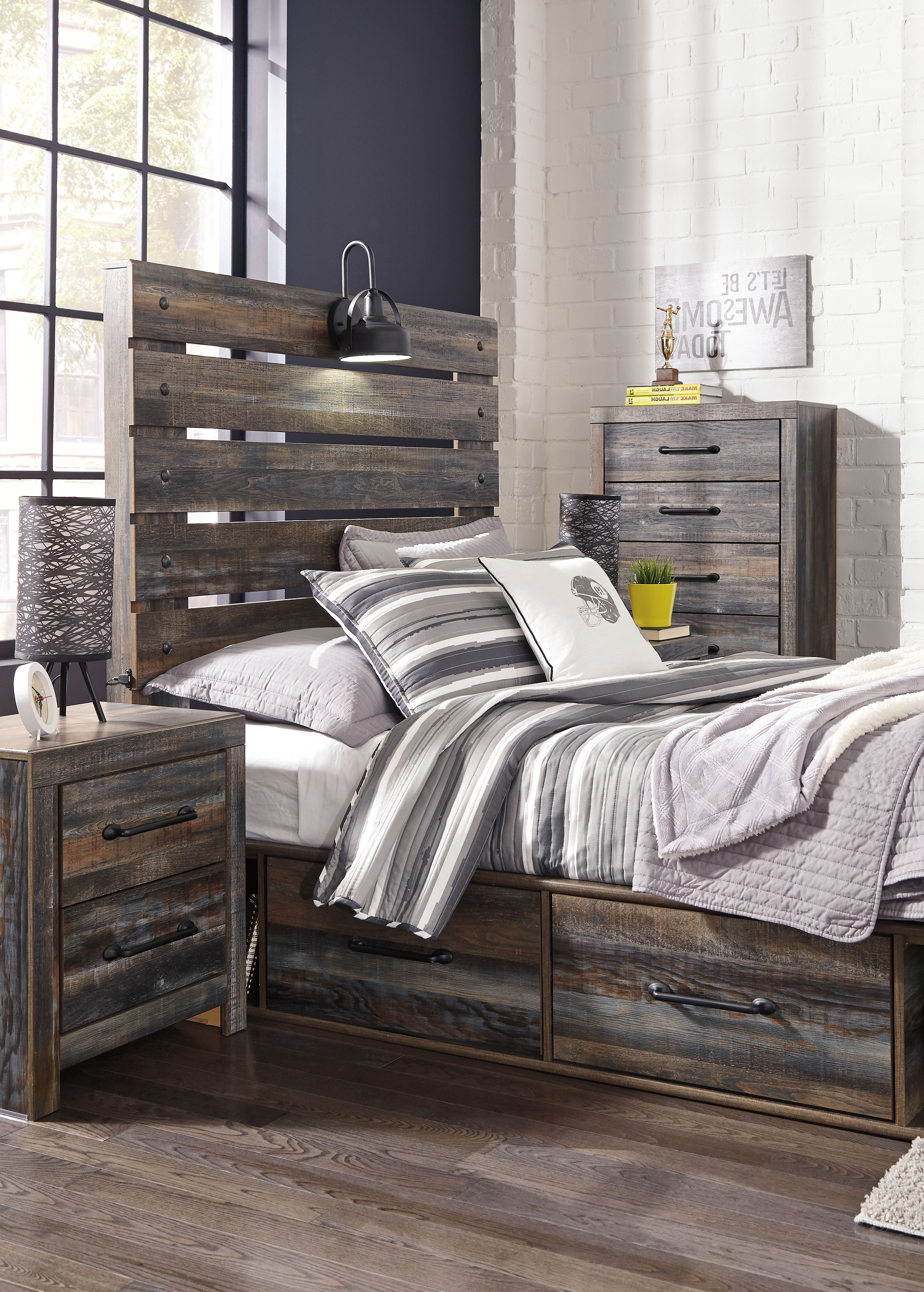 Ashley Furniture Drystan - Full Panel Bed With 2 Side Drawers - Brown / Beige - Image 6