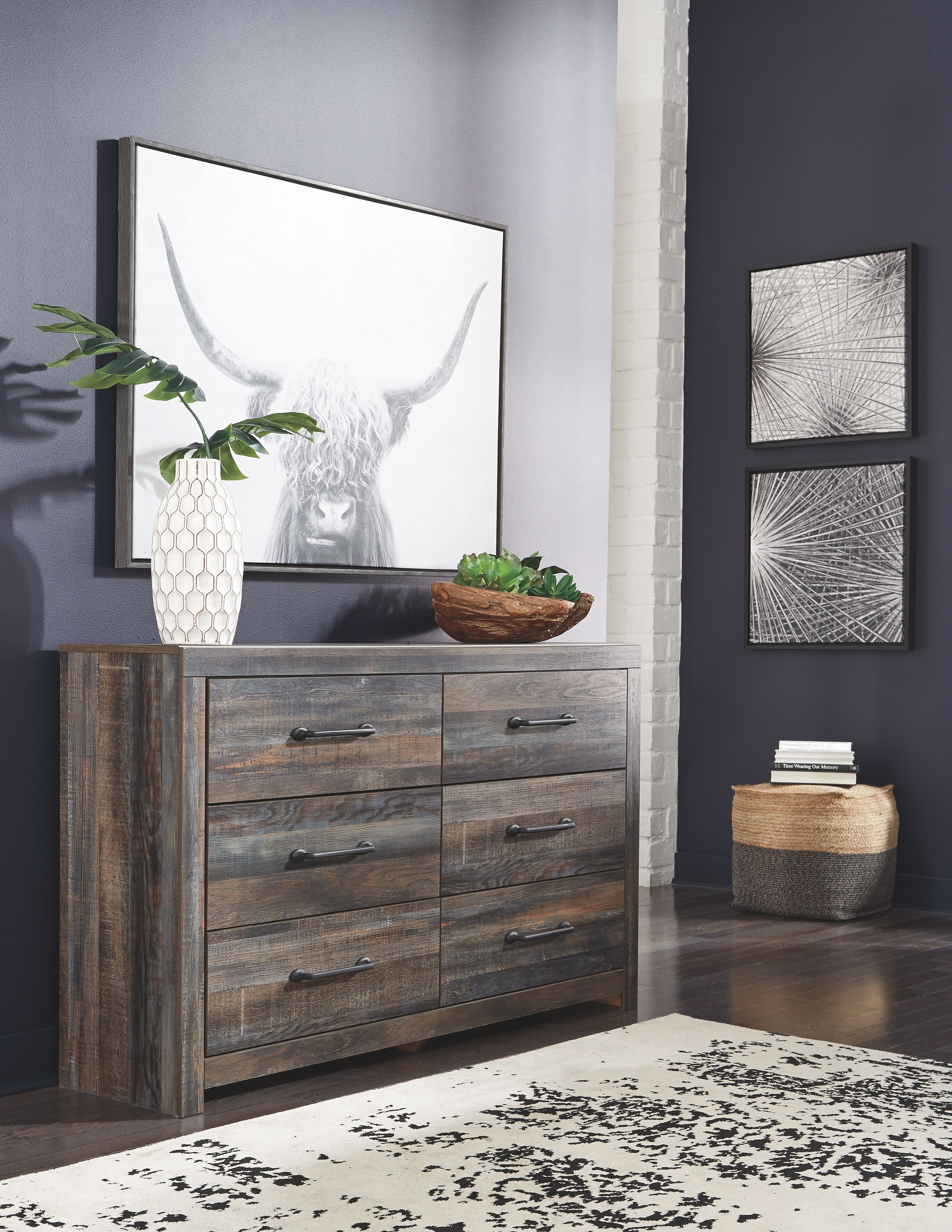 Ashley Furniture Drystan - 5 Pc. - Dresser, Mirror, Chest, Queen Panel Headboard, Nightstand - Brown / Beige - Image 3