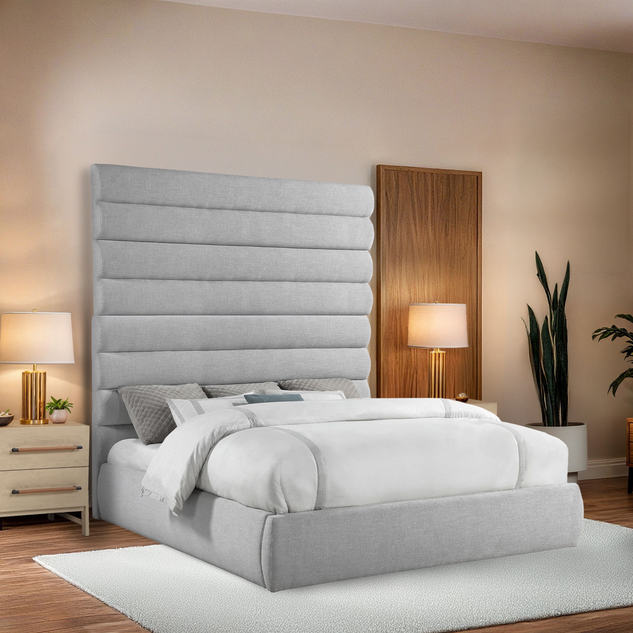 Adam - Linen Fabric King Bed With 89" Headboard - Gray
