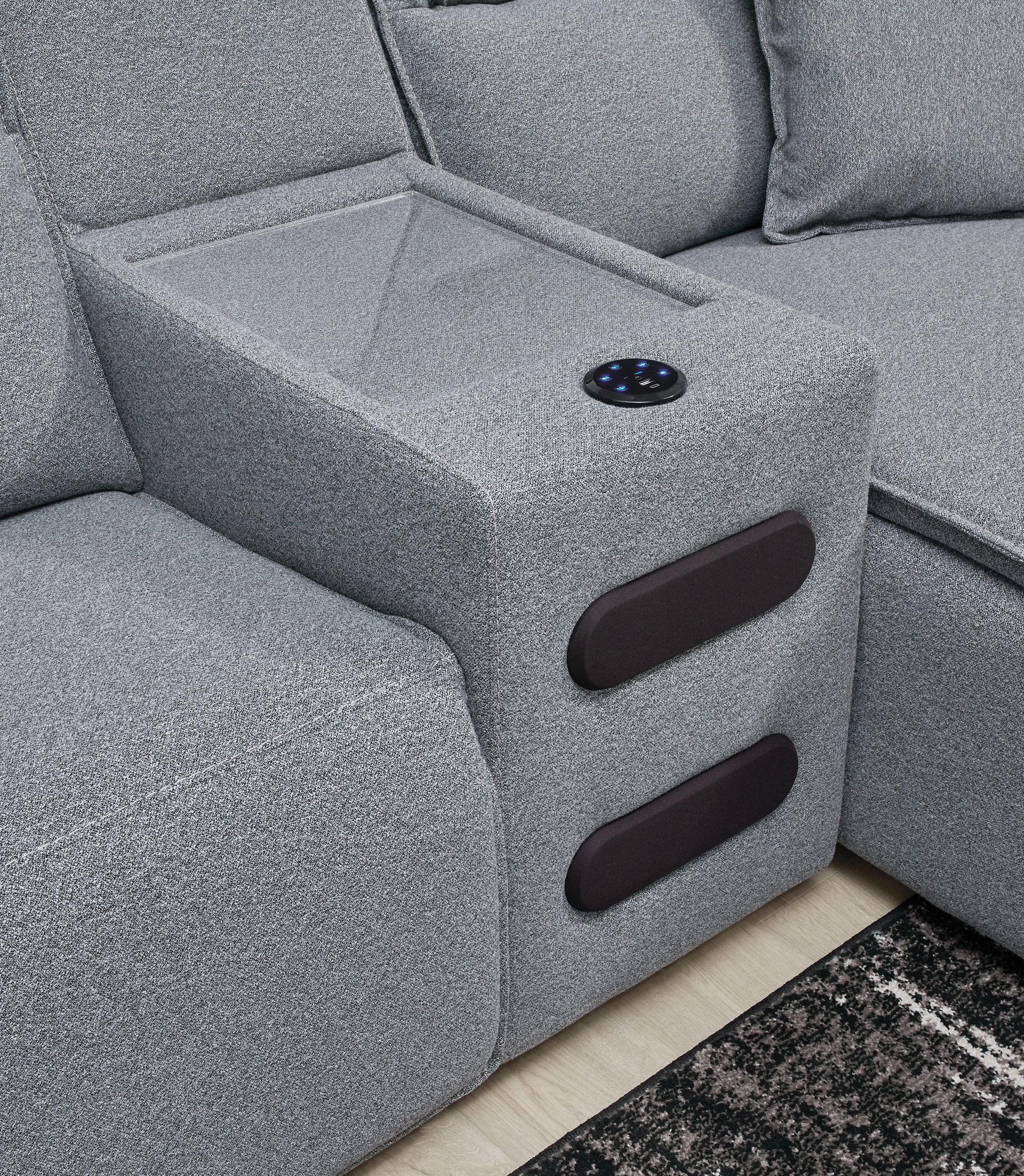 Modmax II - 7-Piece Power Reclining Sectional With RAF Press Back Power Chaise, Console And Audio System - Salt And Pepper