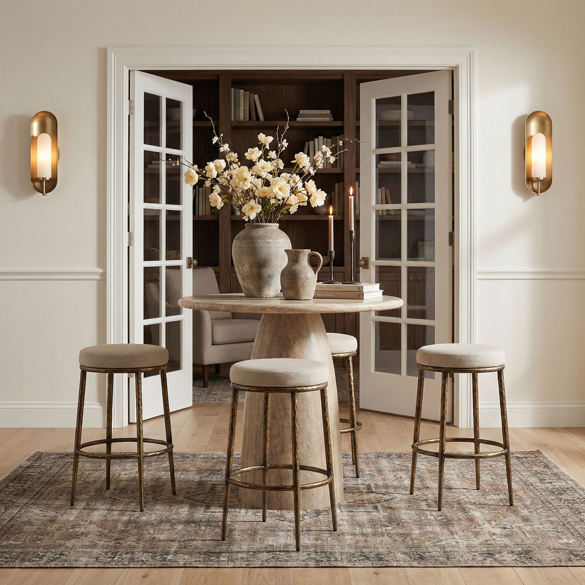Ferro - Performance Fabric Upholstered Backless Bar Stool - Beige / Antique Brass