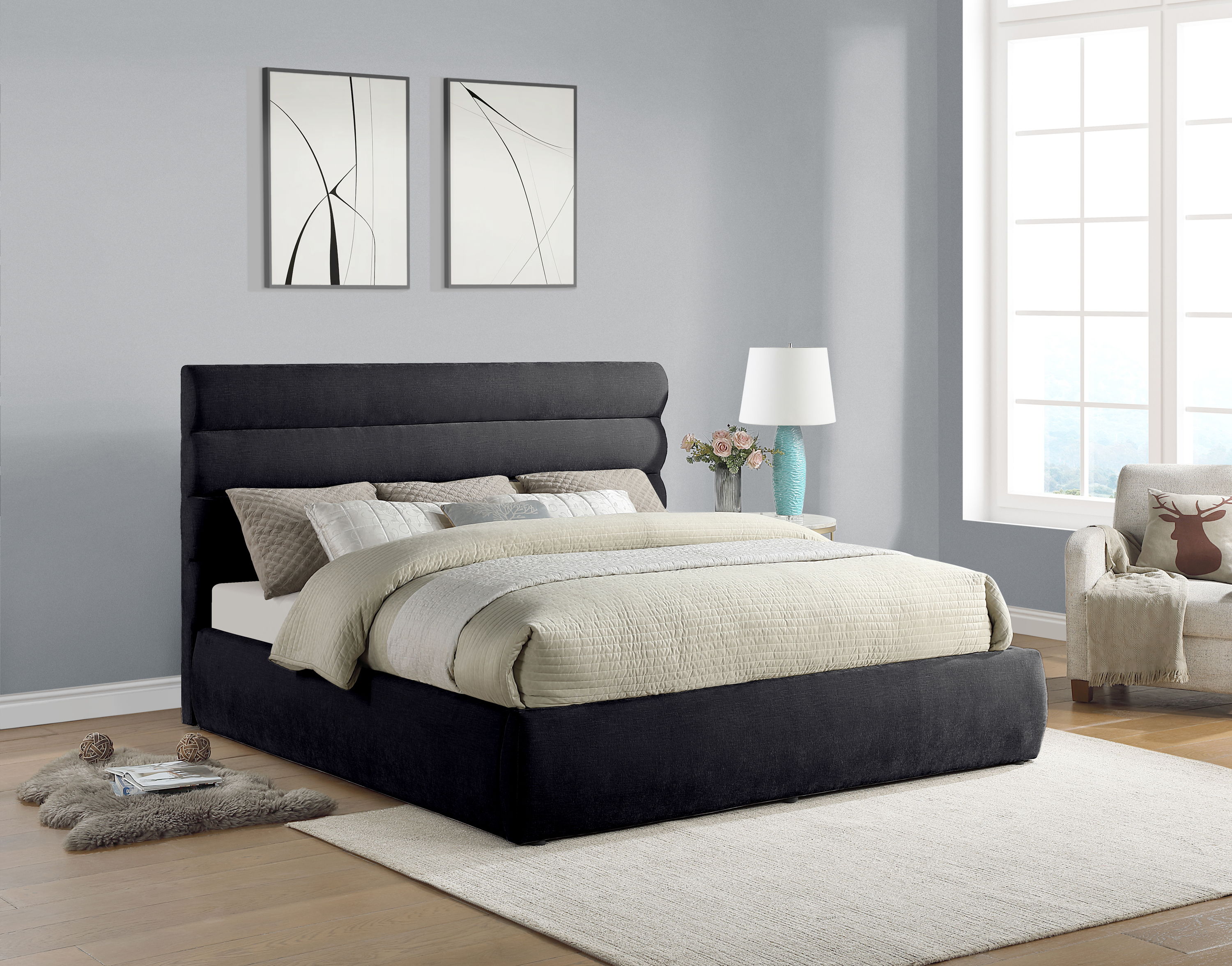Adam - Chenille Fabric King Bed With 52" Headboard - Black