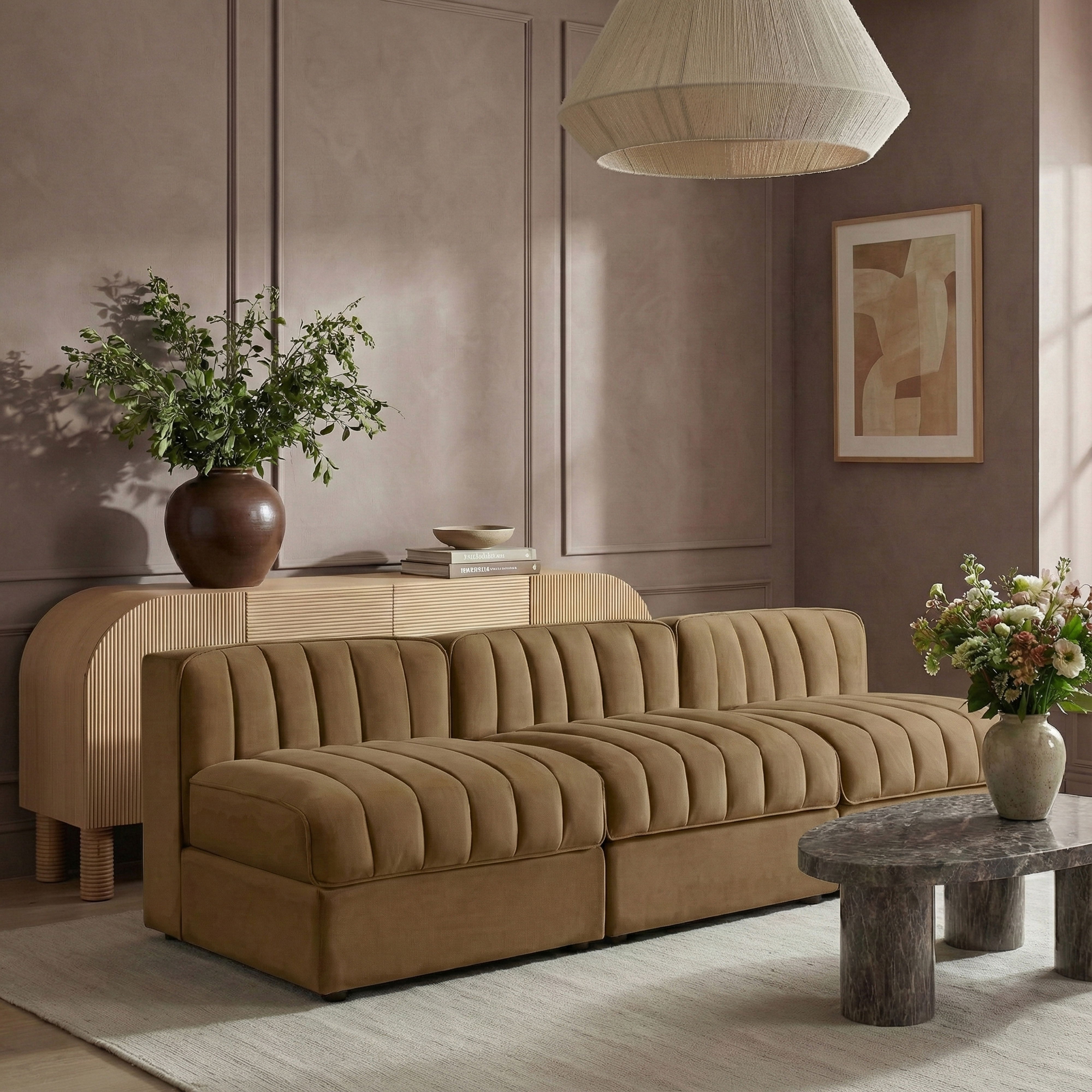 Rummi - Velvet Performance Fabric Upholstered 3 Piece Modular Armless Sofa - Saddle